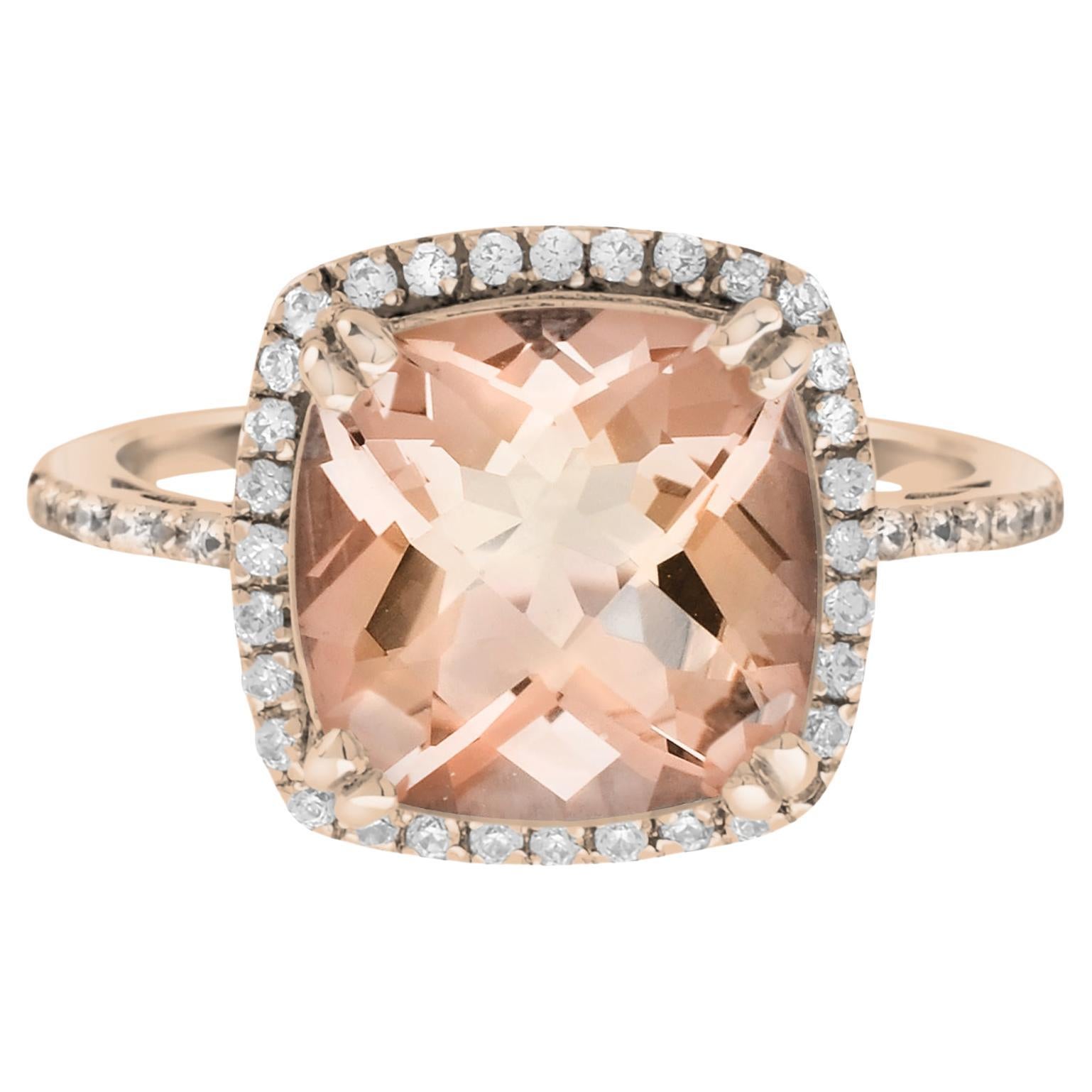 Cushion Cut Peach Orange Morganite & Diamond Halo Engagement 18K Rose Gold Ring For Sale