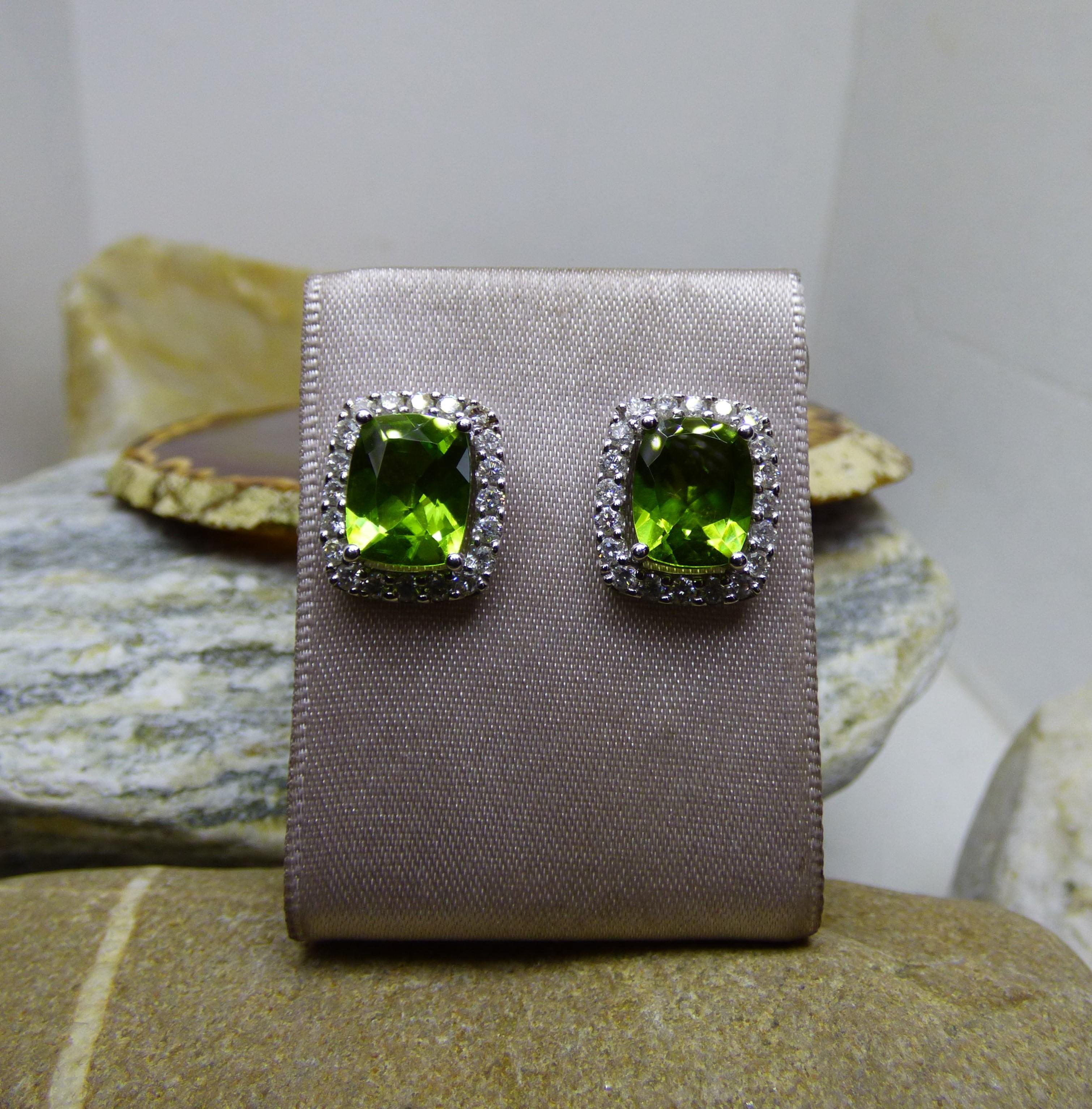 Women's or Men's Cushion cut Peridot and Diamond Cluster Earrings in 18K white Gold. For Sale