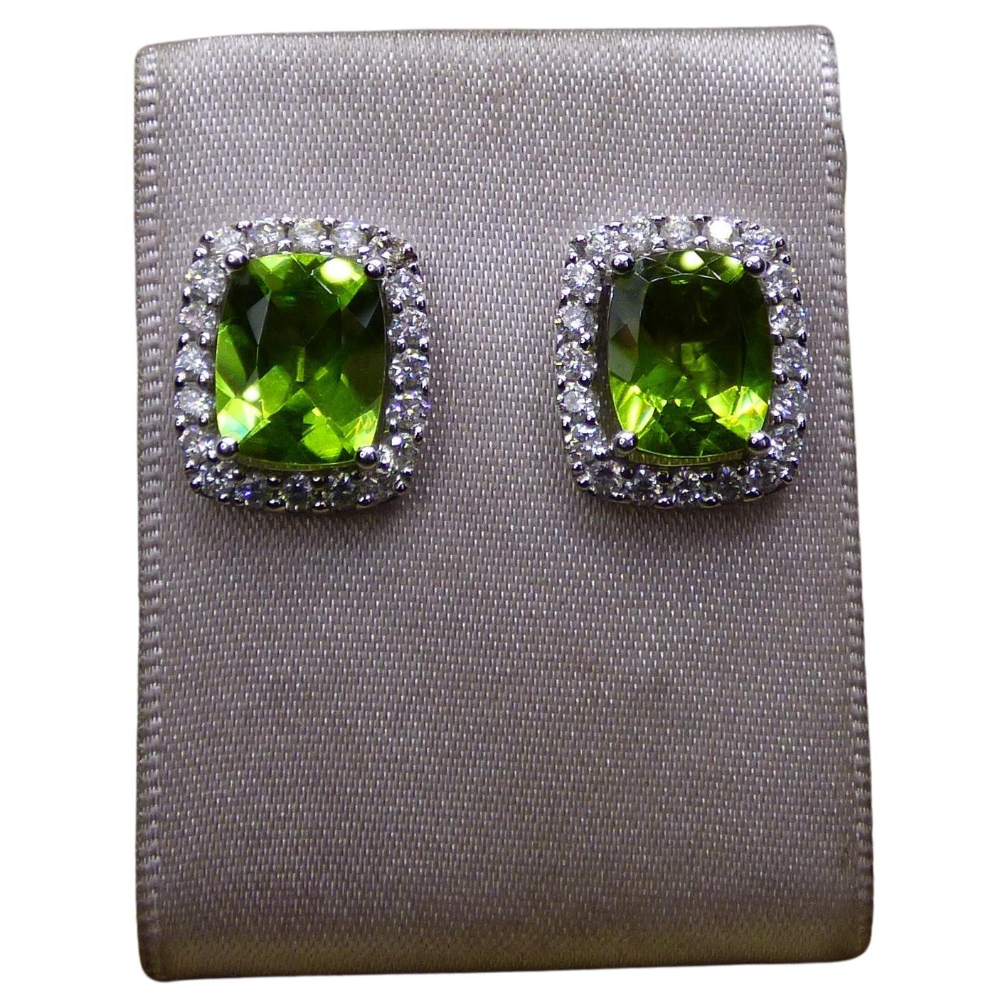 Cushion cut Peridot and Diamond Cluster Earrings in 18K white Gold. For Sale
