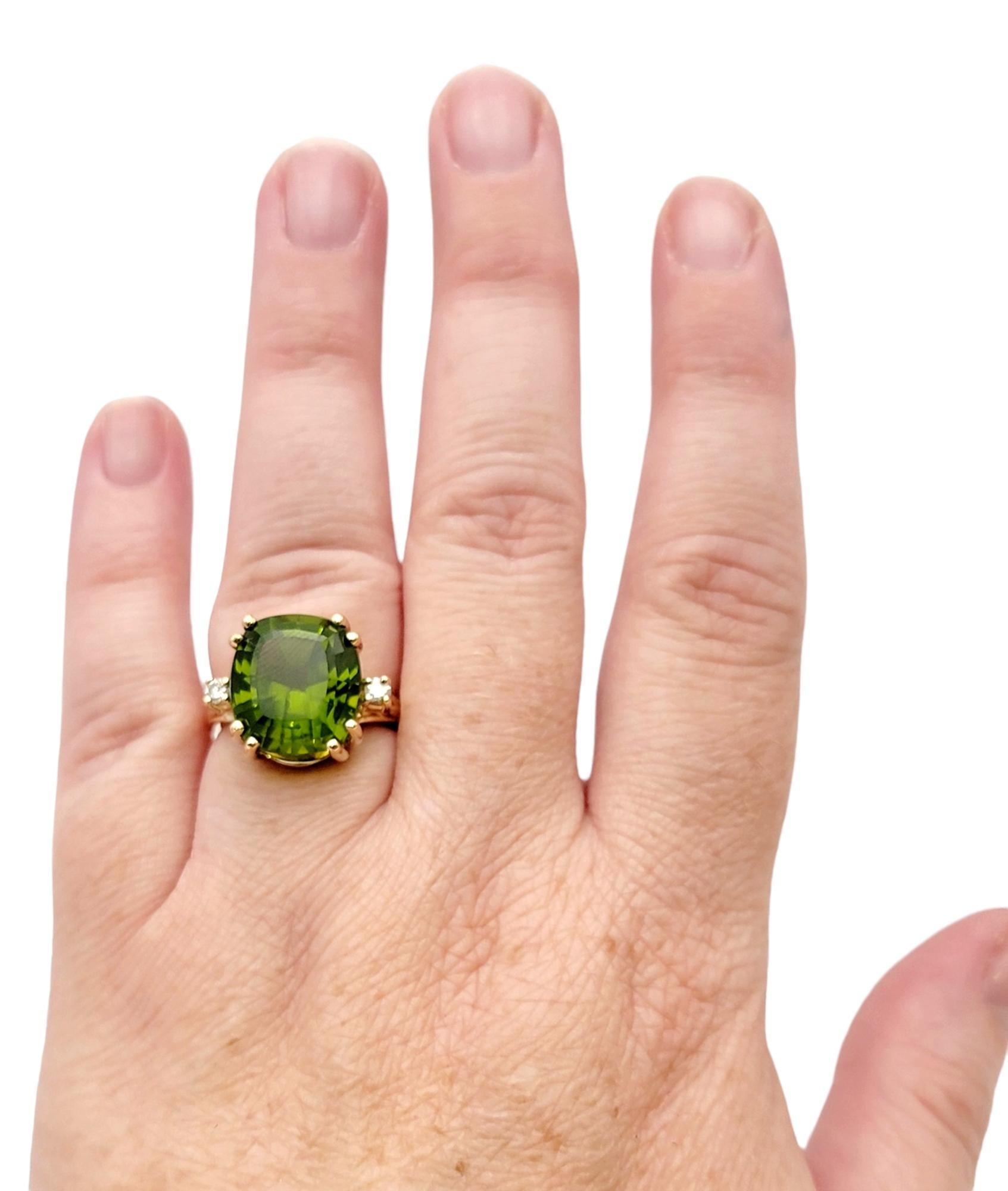 Cushion Cut Peridot and Diamond Cocktail Ring in Yellow Gold 11.83 Carats Total  For Sale 2