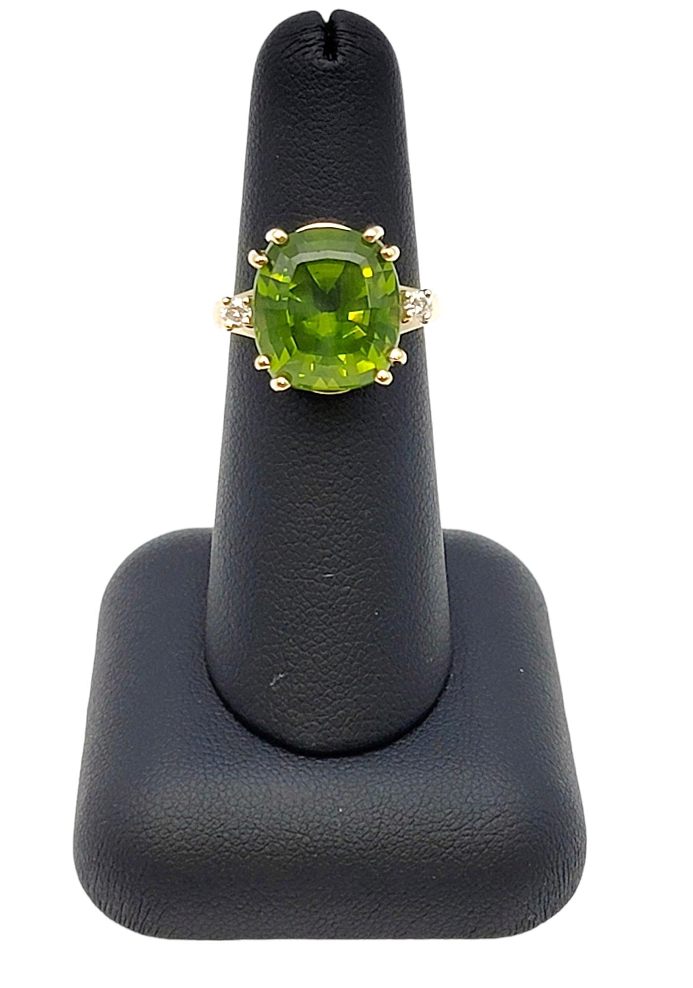 Cushion Cut Peridot and Diamond Cocktail Ring in Yellow Gold 11.83 Carats Total  For Sale 4