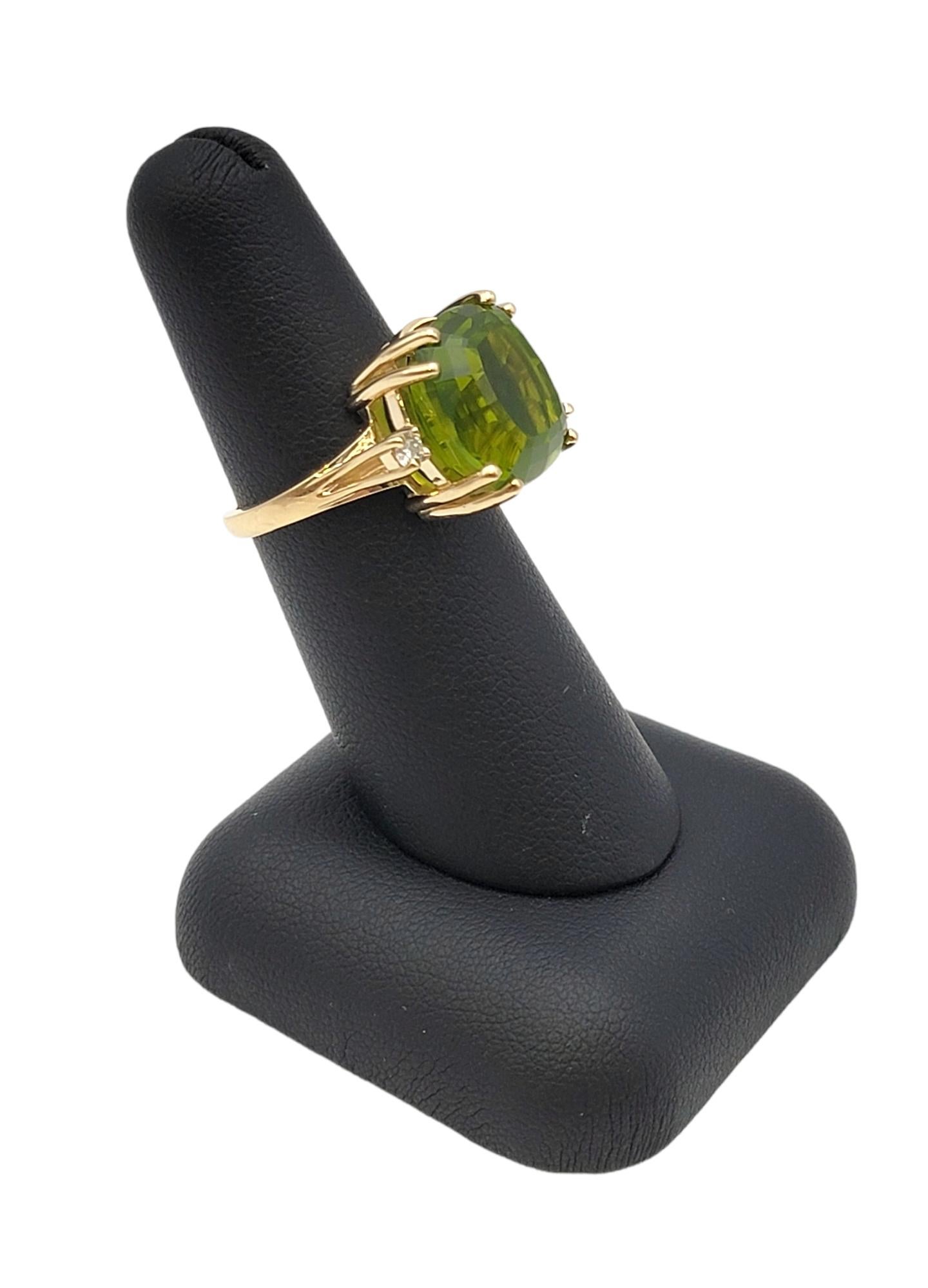 Cushion Cut Peridot and Diamond Cocktail Ring in Yellow Gold 11.83 Carats Total  For Sale 5