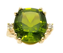 11.75 Carat Cushion Cut Peridot Cocktail Ring with Diamonds in 14K Yellow Gold