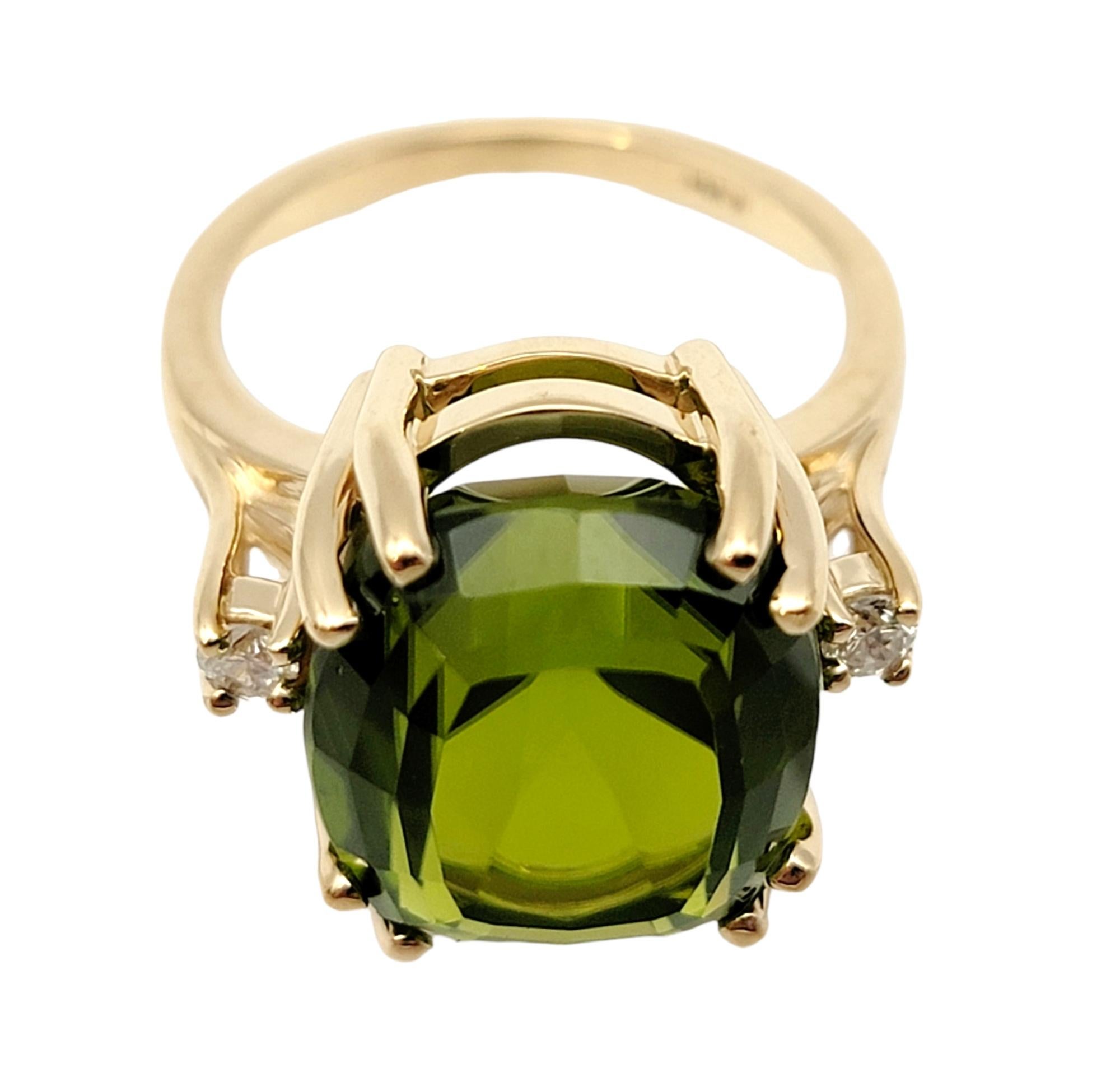 Contemporary Cushion Cut Peridot and Diamond Cocktail Ring in Yellow Gold 11.83 Carats Total  For Sale