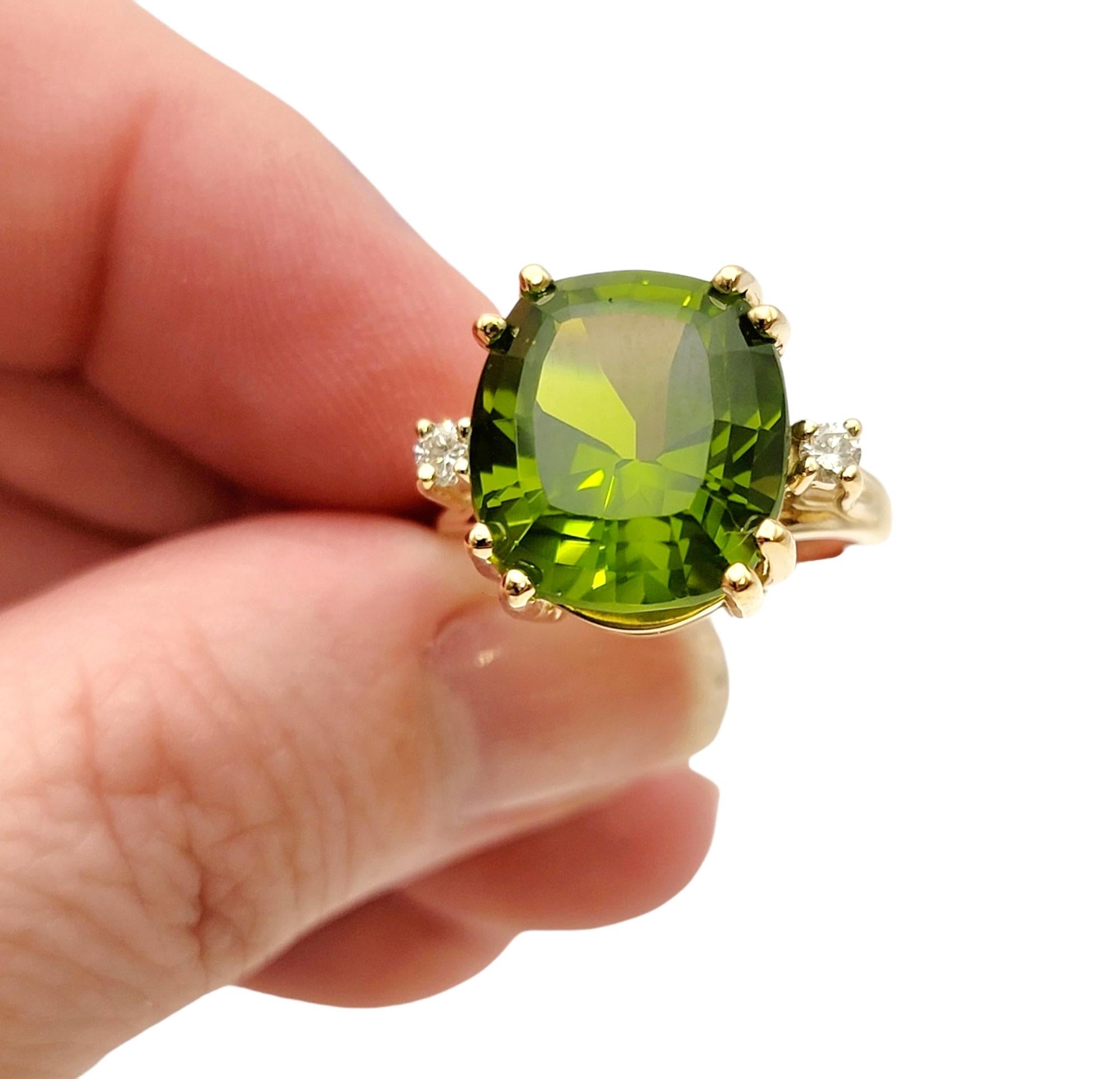 Cushion Cut Peridot and Diamond Cocktail Ring in Yellow Gold 11.83 Carats Total  For Sale 1