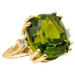 Vintage Cushion Cut Peridot and Diamond Cocktail Ring in Yellow Gold 11.83 Carats Total 