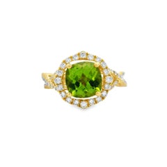 Cushion-Cut Peridot and Diamond Halo Ring, 2.40ct in 14K Yellow Gold Size 7 Cushion-Cut Peridot and Diamond Halo Ring, 2.40ct in 14K Yellow Gold Size 7