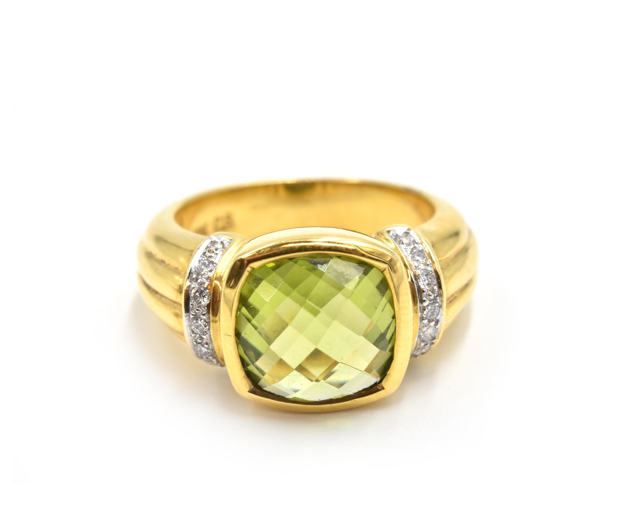 Cushion Cut Peridot and Diamond Ring 18 Karat Yellow Gold In Excellent Condition In Scottsdale, AZ