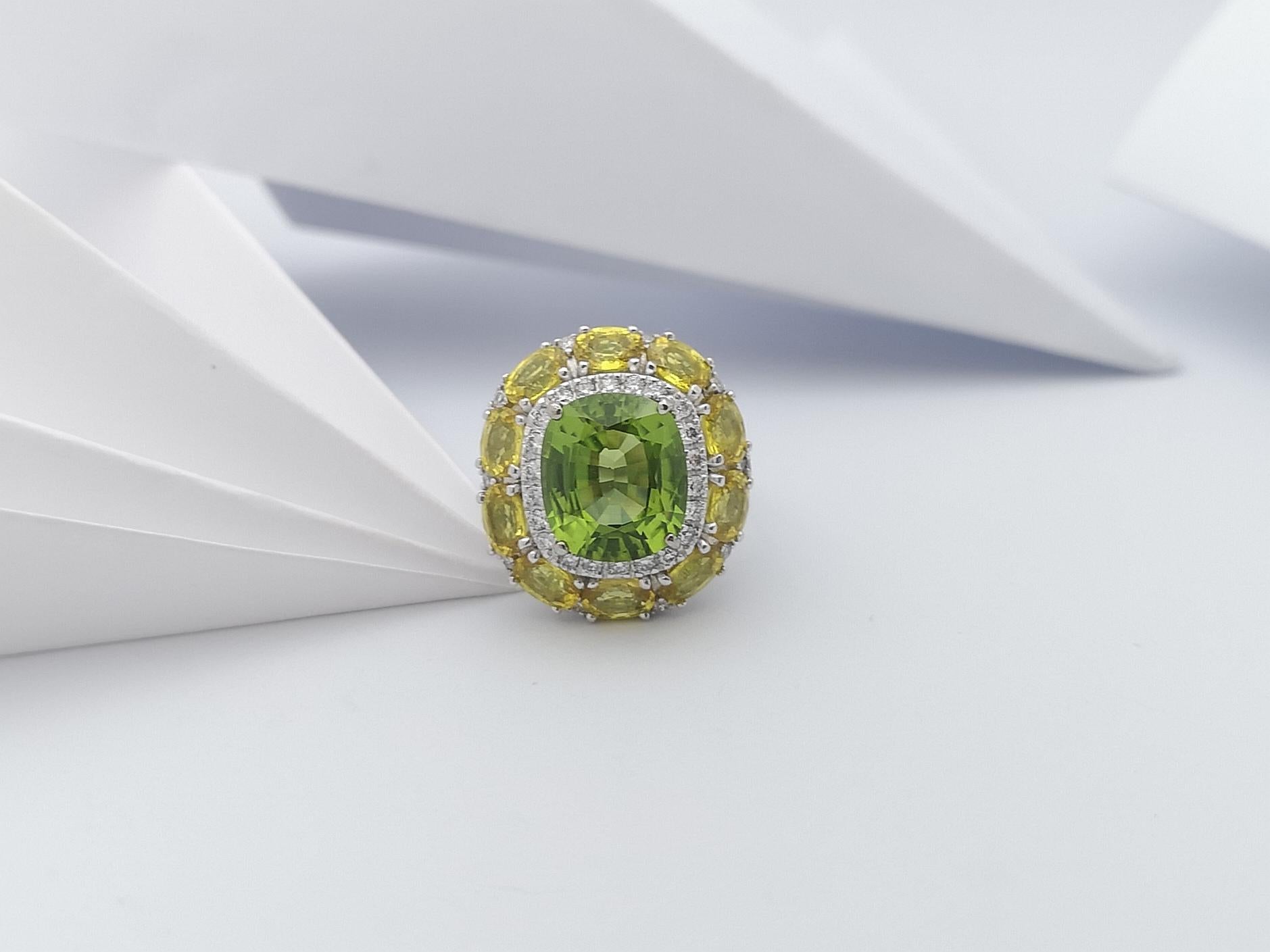 Cushion Cut Peridot, Yellow Sapphire with Diamond Ring in 18 Karat White Gold For Sale 5