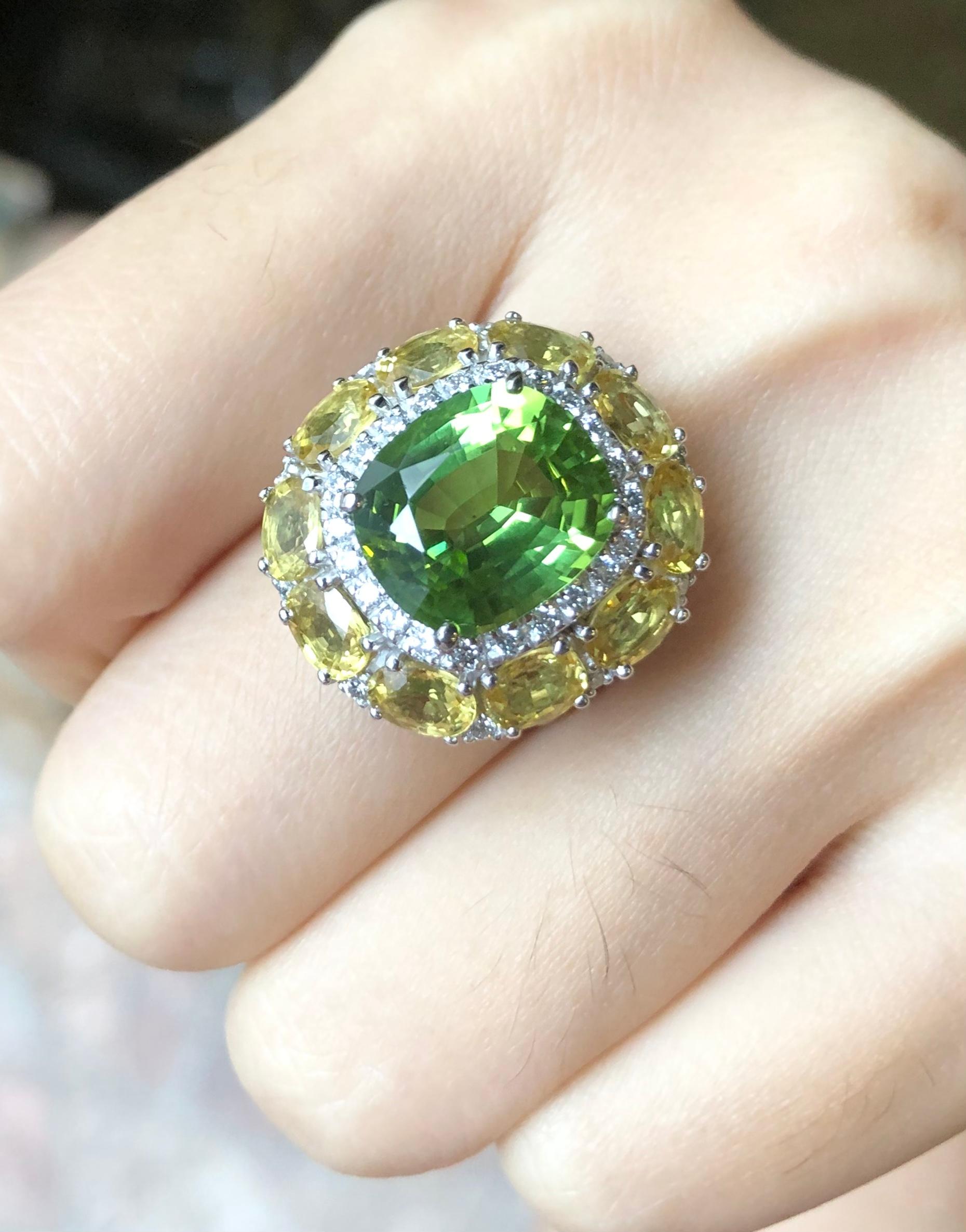 Cushion Cut Peridot, Yellow Sapphire with Diamond Ring in 18 Karat White Gold For Sale 1