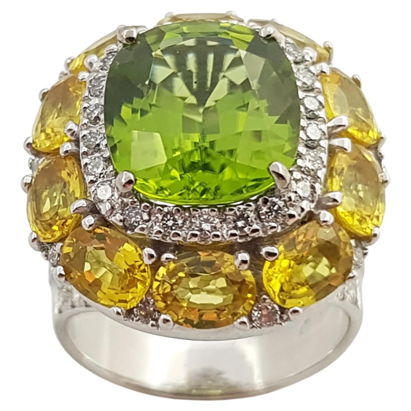 Cushion Cut Peridot, Yellow Sapphire with Diamond Ring in 18 Karat White Gold For Sale