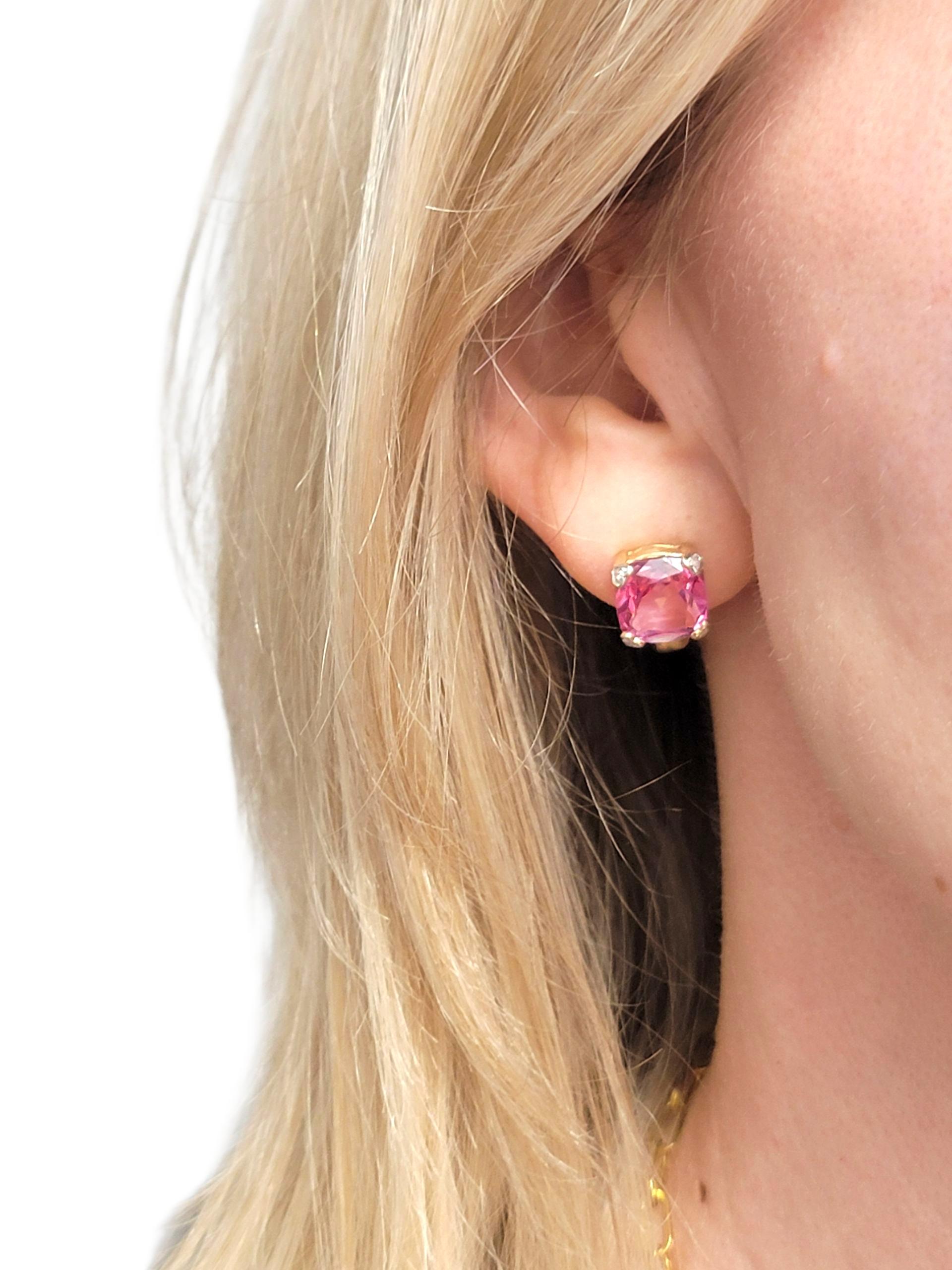 Pendientes de topacio místico rosa talla cojín con garras de corazón de diamante Oro amarillo de 14 quilates en venta 4