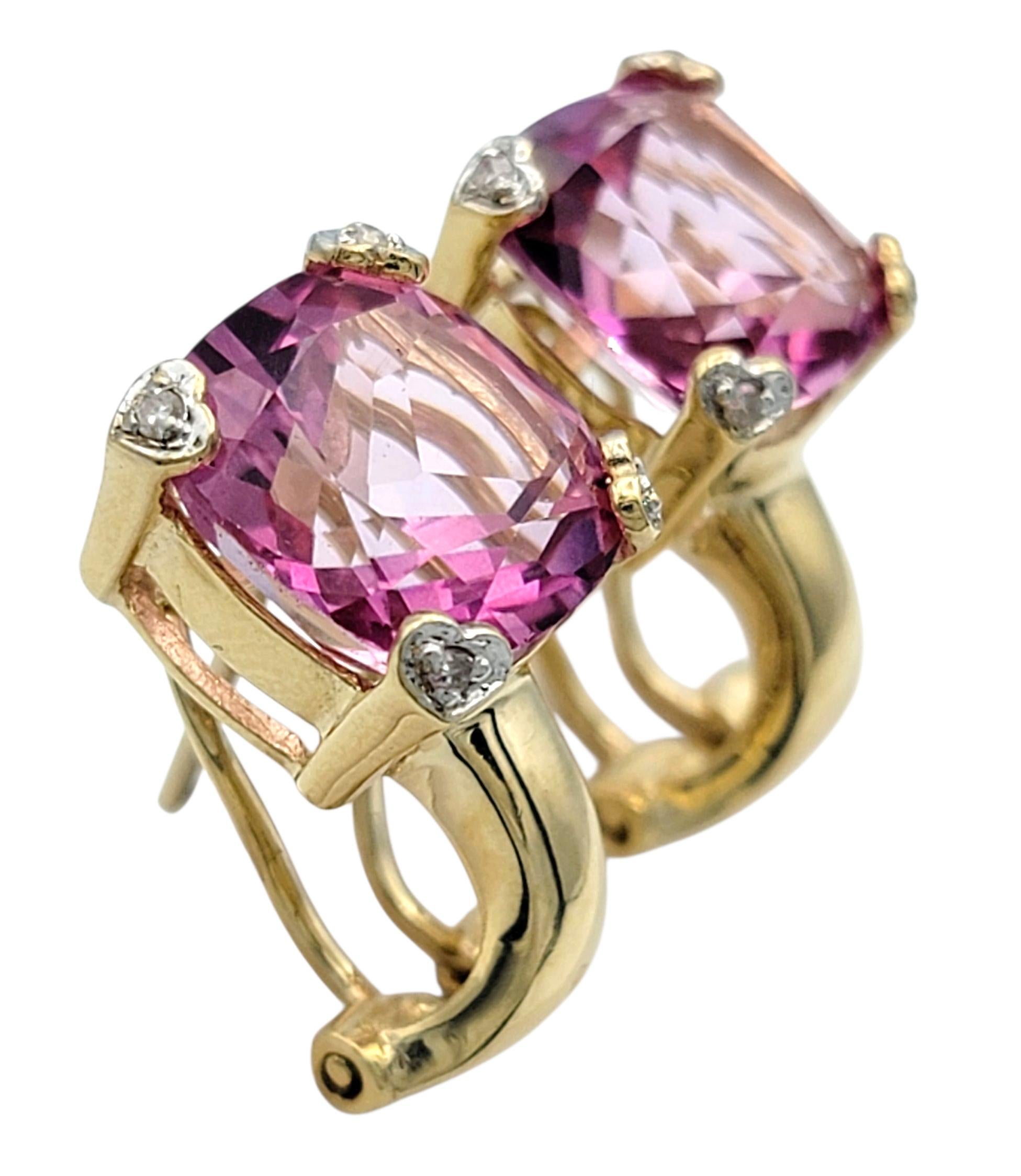 Pendientes de topacio místico rosa talla cojín con garras de corazón de diamante Oro amarillo de 14 quilates Contemporáneo en venta