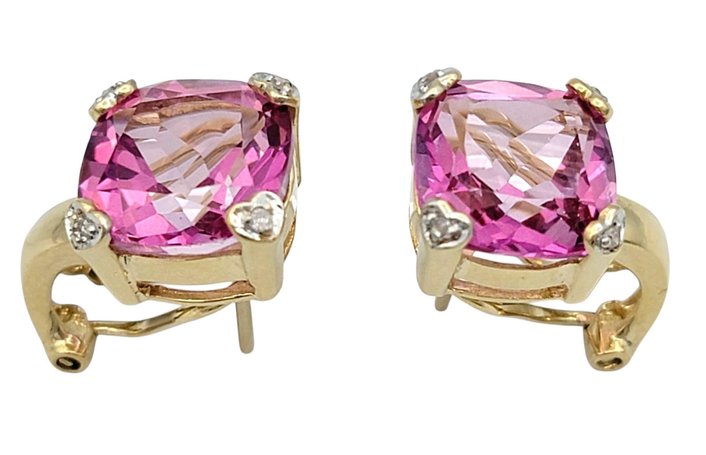 Pendientes de topacio místico rosa talla cojín con garras de corazón de diamante Oro amarillo de 14 quilates Corte cojín en venta