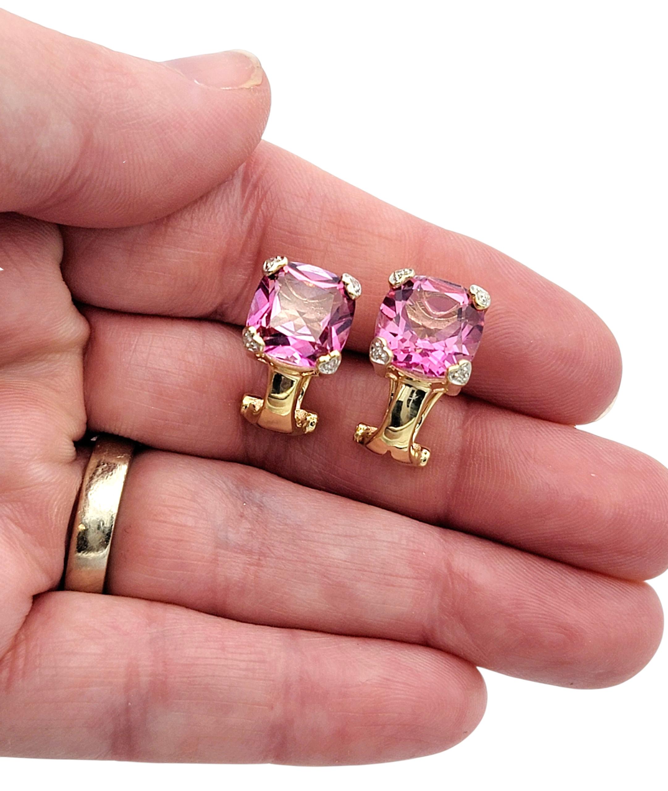 Pendientes de topacio místico rosa talla cojín con garras de corazón de diamante Oro amarillo de 14 quilates en venta 2