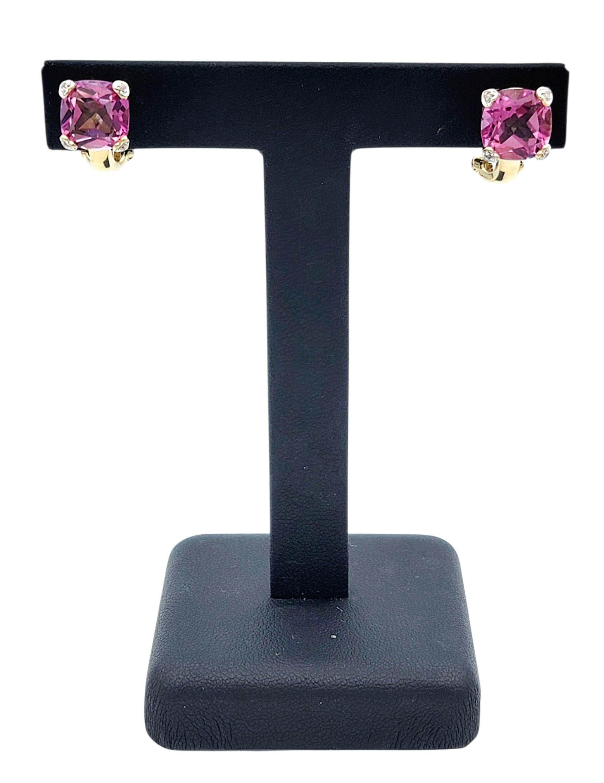 Pendientes de topacio místico rosa talla cojín con garras de corazón de diamante Oro amarillo de 14 quilates en venta 3