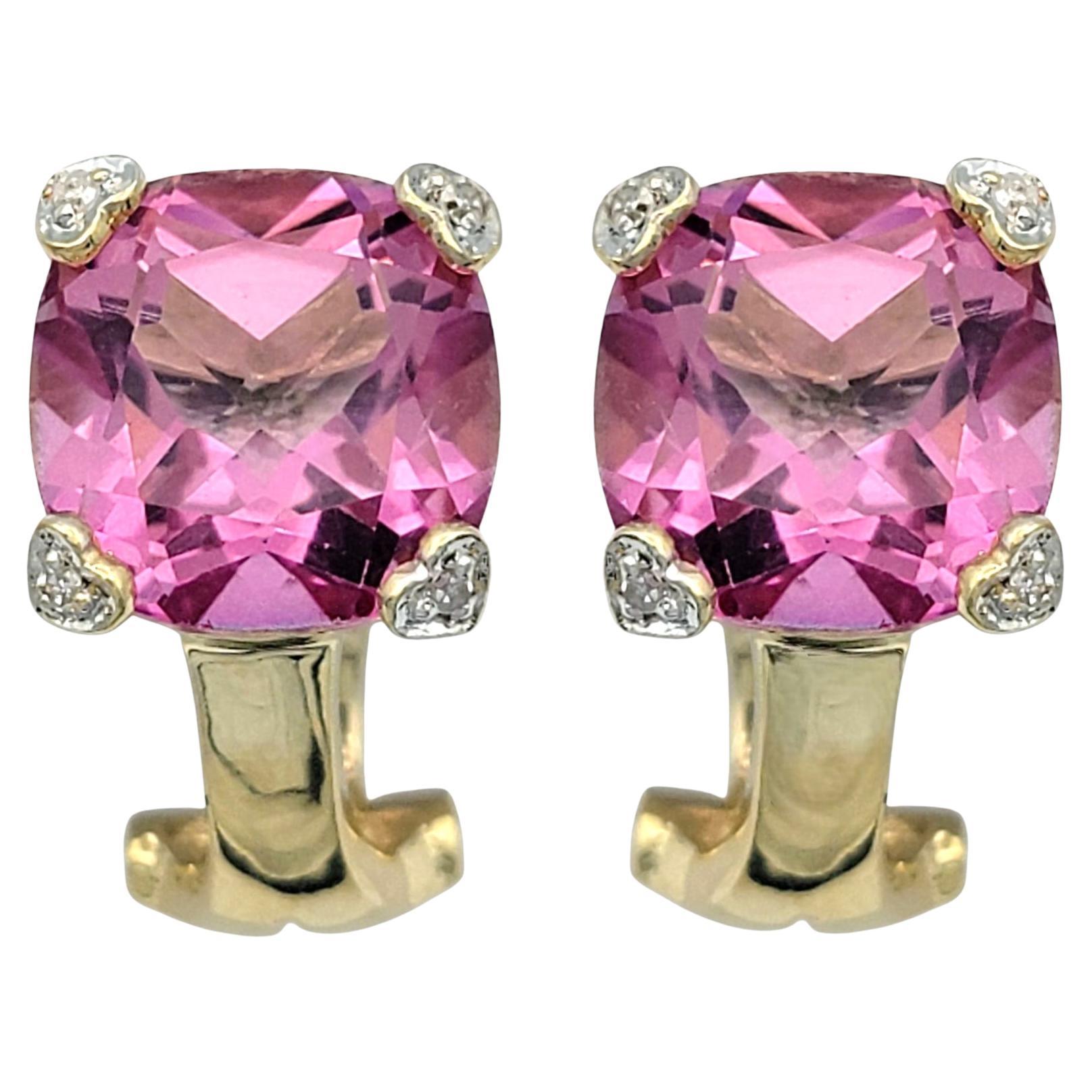 Pendientes de topacio místico rosa talla cojín con garras de corazón de diamante Oro amarillo de 14 quilates en venta