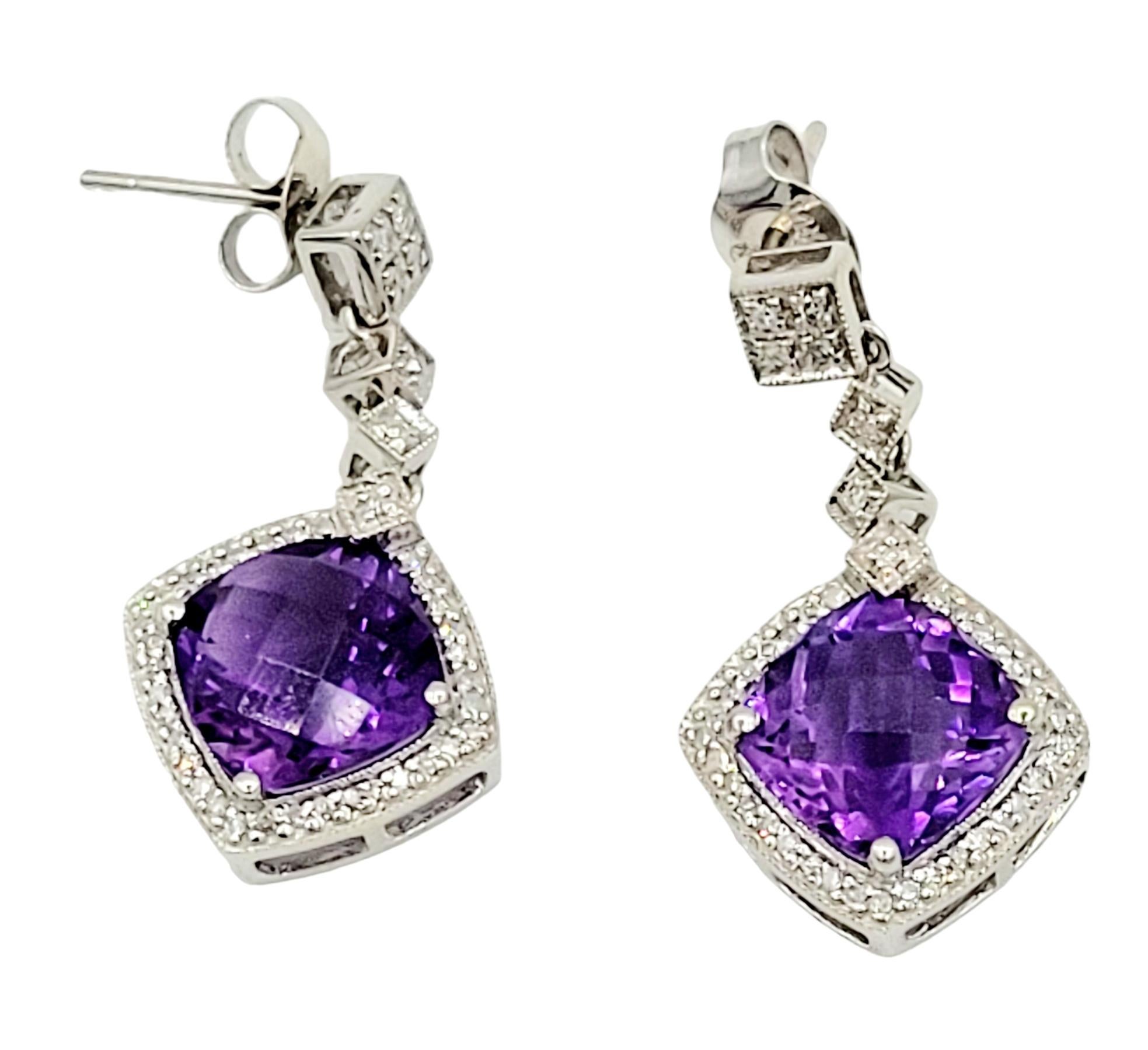 Contemporary Cushion Cut Purple Amethyst and Diamond Halo Dangle Earrings in 14 Karat Gold For Sale