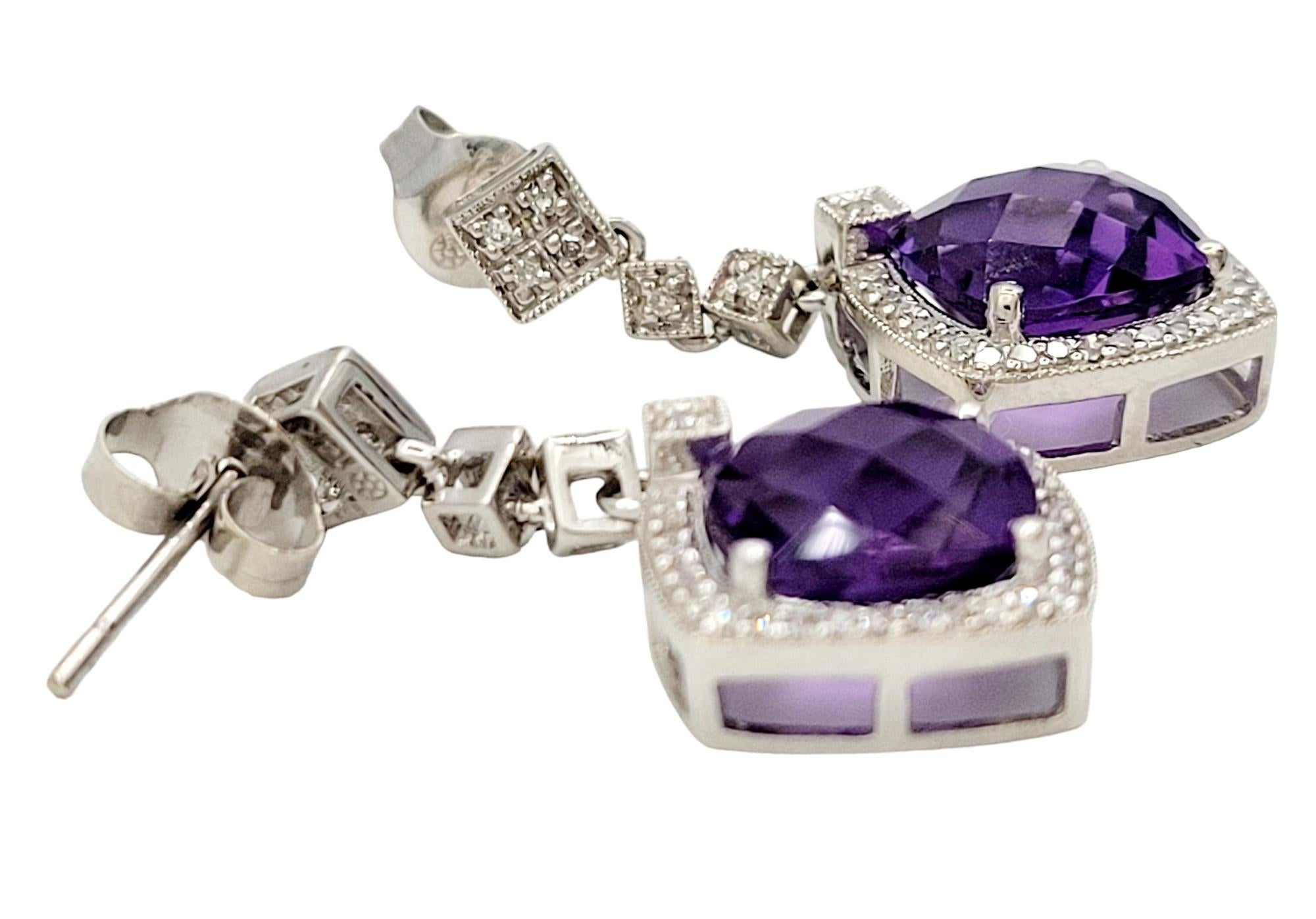Cushion Cut Purple Amethyst and Diamond Halo Dangle Earrings in 14 Karat Gold In Good Condition For Sale In Scottsdale, AZ