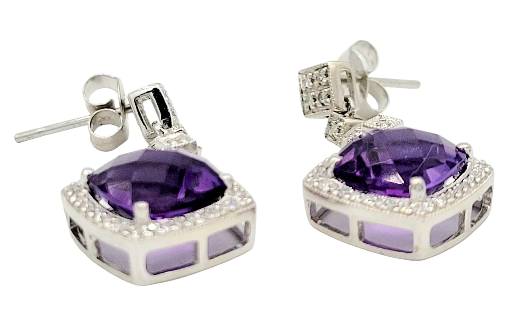 Women's Cushion Cut Purple Amethyst and Diamond Halo Dangle Earrings in 14 Karat Gold For Sale