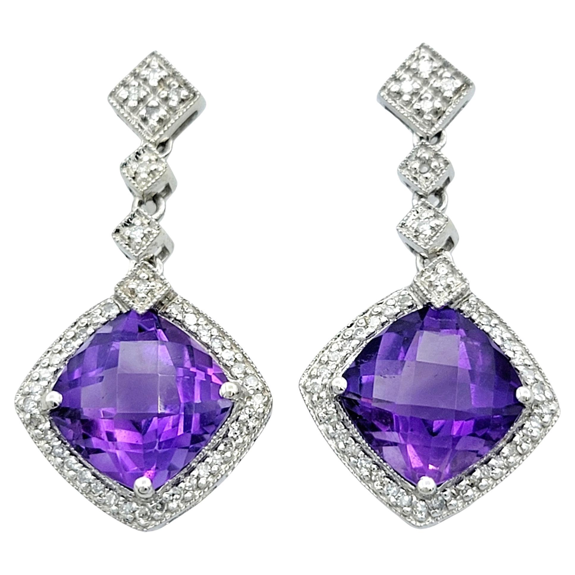 Cushion Cut Purple Amethyst and Diamond Halo Dangle Earrings in 14 Karat Gold For Sale