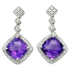 Cushion Cut Purple Amethyst and Diamond Halo Dangle Earrings in 14 Karat Gold