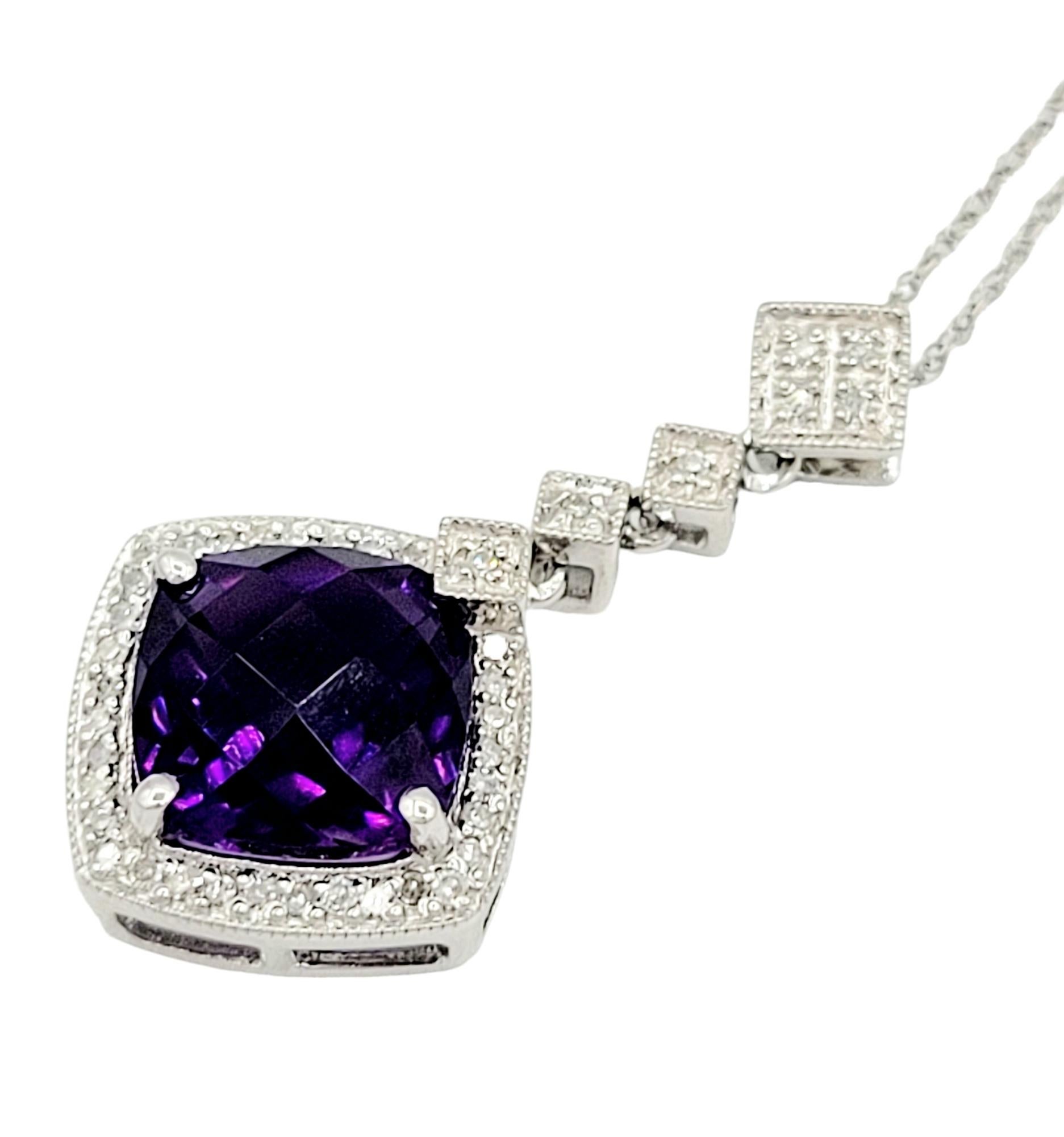 Contemporary Cushion Cut Purple Amethyst and Diamond Halo Pendant Necklace in 14 Karat Gold For Sale
