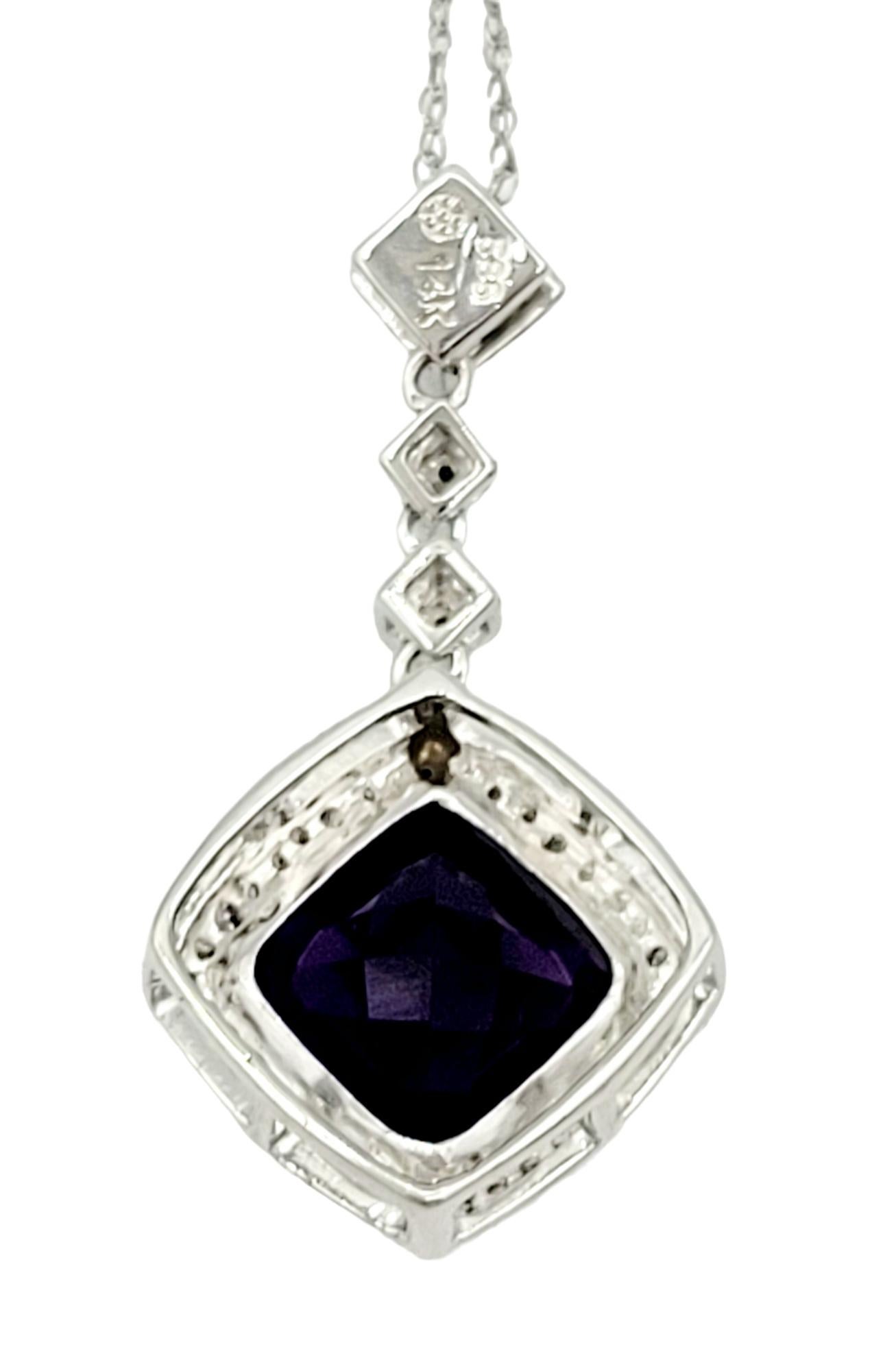 Cushion Cut Purple Amethyst and Diamond Halo Pendant Necklace in 14 Karat Gold In Good Condition For Sale In Scottsdale, AZ