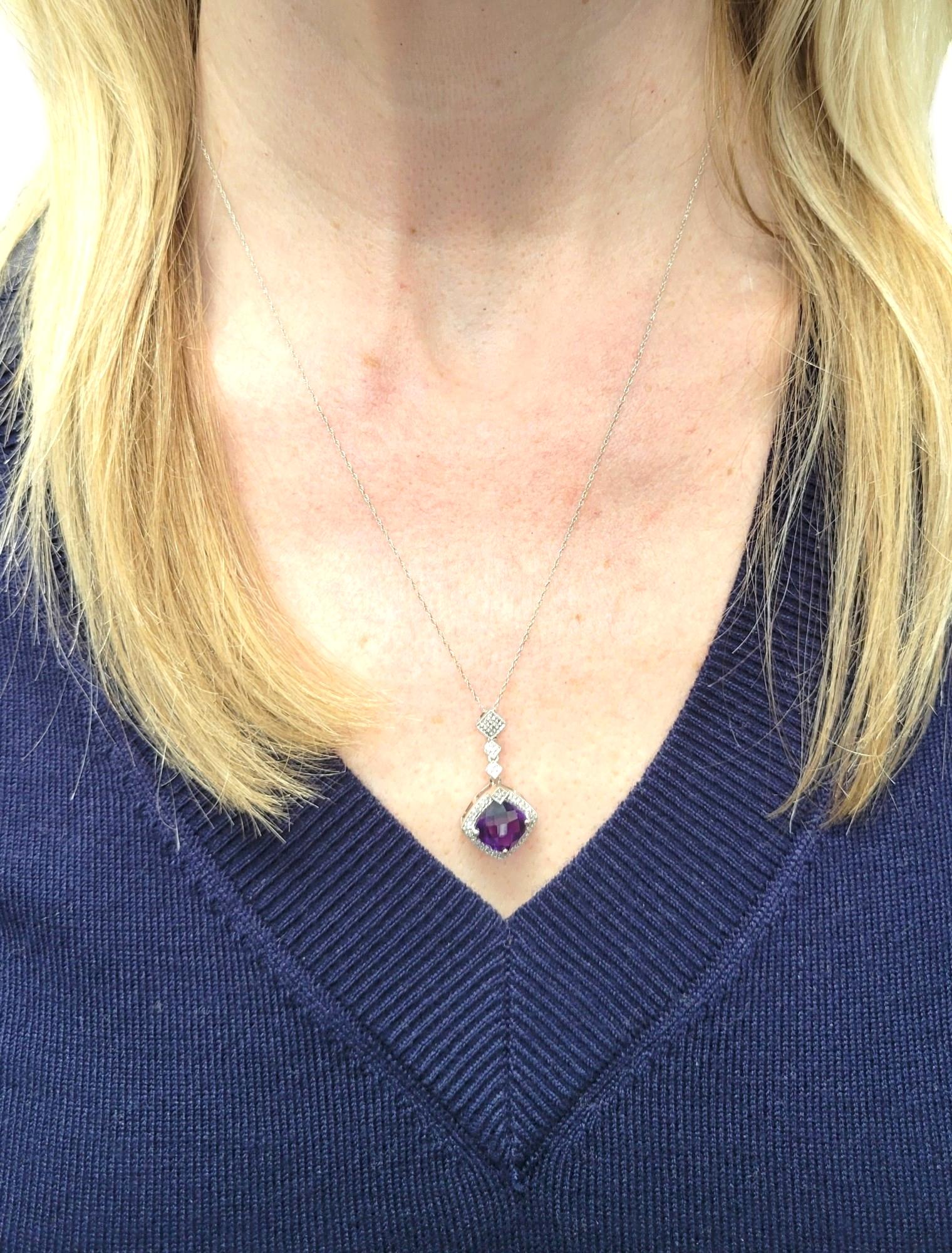 Cushion Cut Purple Amethyst and Diamond Halo Pendant Necklace in 14 Karat Gold For Sale 1