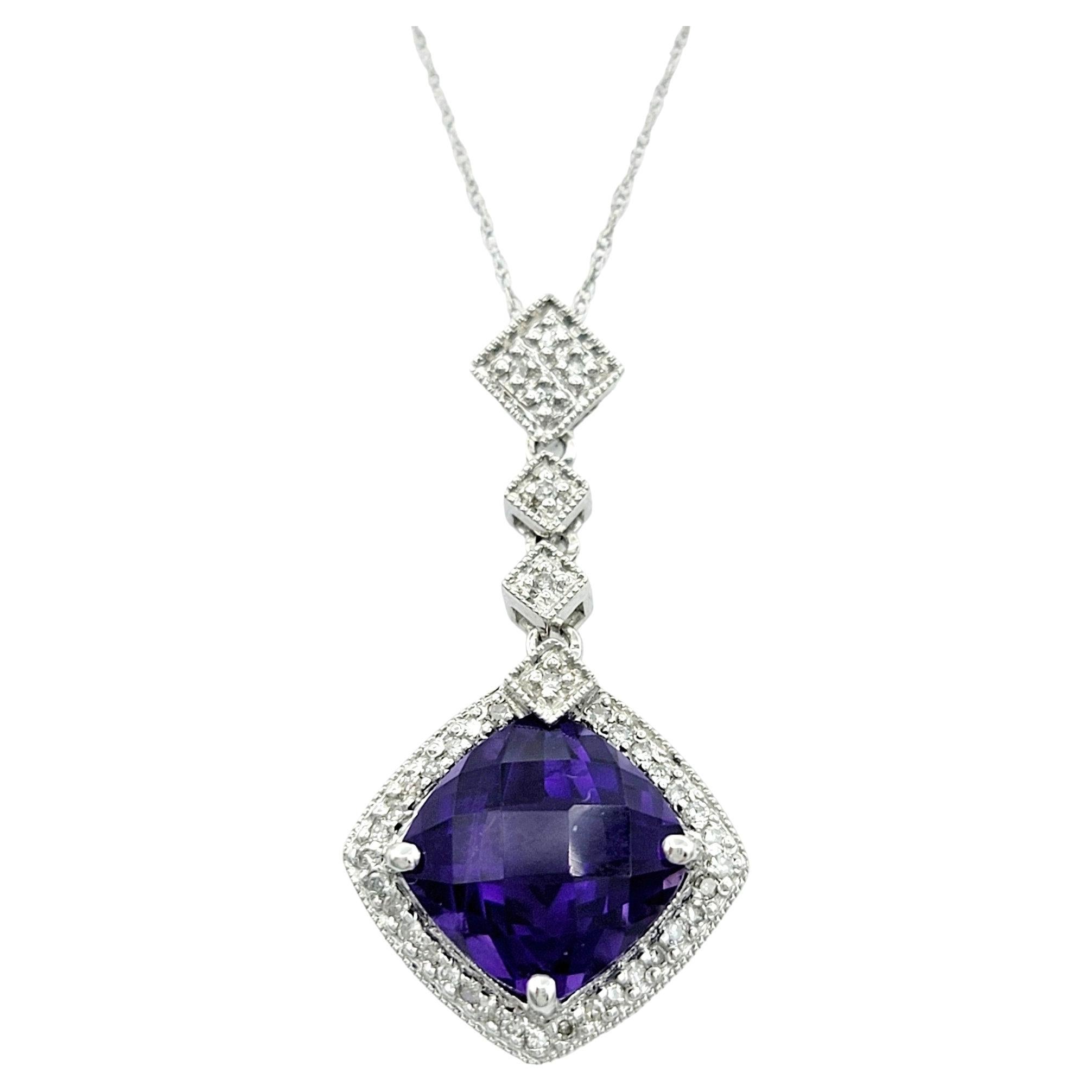 Cushion Cut Purple Amethyst and Diamond Halo Pendant Necklace in 14 Karat Gold For Sale