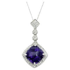 Cushion Cut Purple Amethyst and Diamond Halo Pendant Necklace in 14 Karat Gold