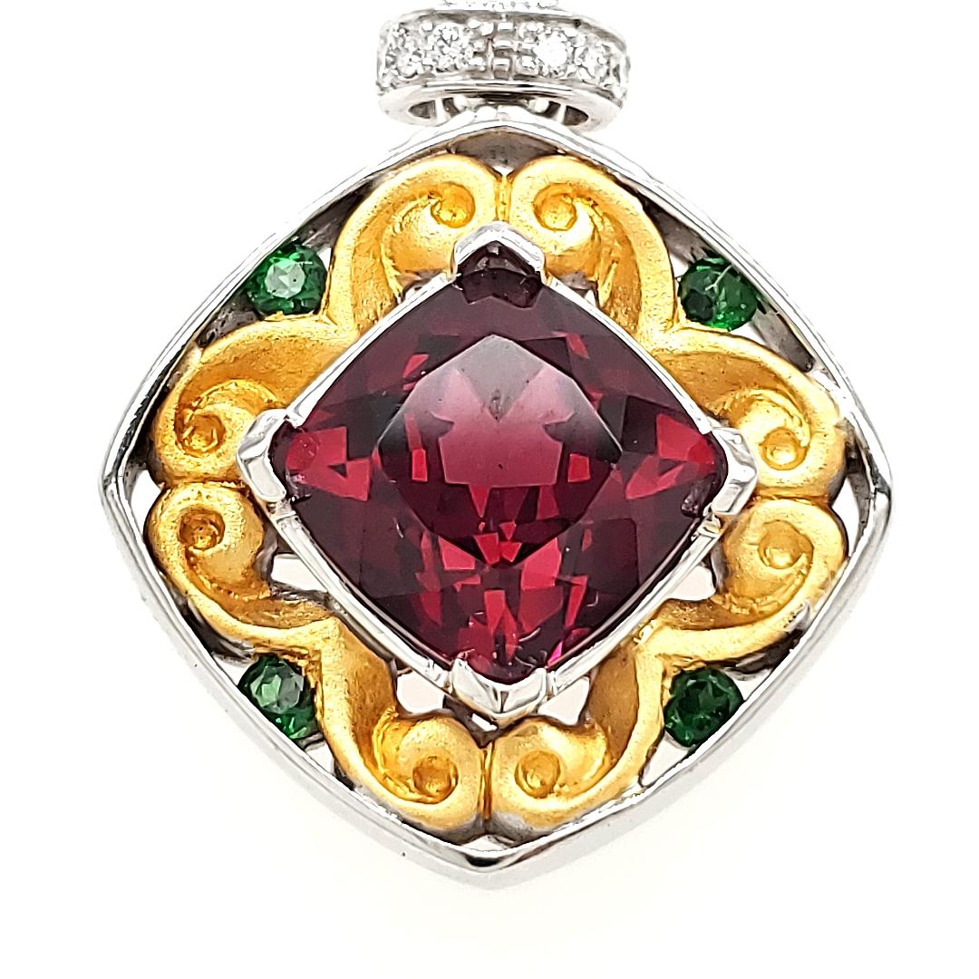 Contemporary Cushion Cut Rhodolite Cts 3.98 and Round Tsavorite Pendant With Diamonds For Sale