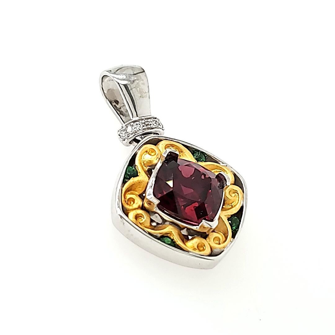 Round Cut Cushion Cut Rhodolite Cts 3.98 and Round Tsavorite Pendant With Diamonds For Sale