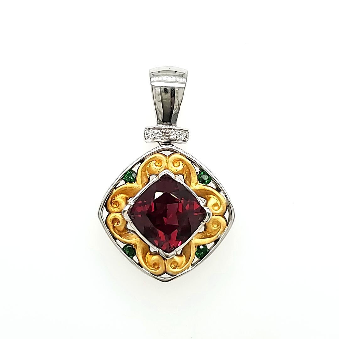Women's Cushion Cut Rhodolite Cts 3.98 and Round Tsavorite Pendant With Diamonds For Sale
