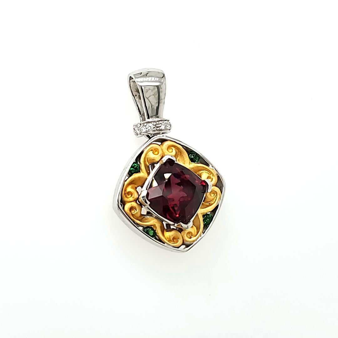Cushion Cut Rhodolite Cts 3.98 and Round Tsavorite Pendant With Diamonds For Sale 1
