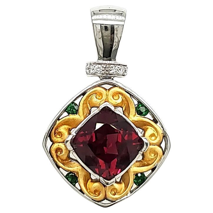 Cushion Cut Rhodolite Cts 3.98 and Round Tsavorite Pendant With Diamonds