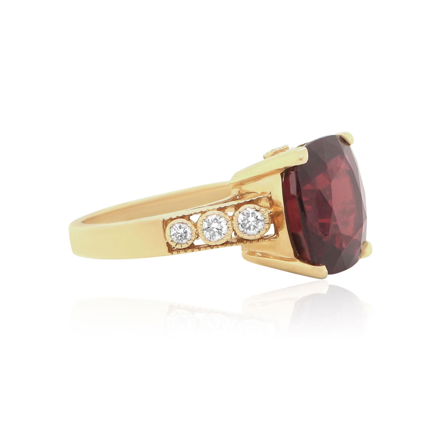 14K Yellow Gold
1 Cushion Cut Rhodolite Garnet at 8.18 Carats 
8 Round Brilliant White Diamonds at 0.29 Carats Total Weight

Alberto offers complimentary sizing on all rings.

Fine one-of-a-kind craftsmanship meets incredible quality in this