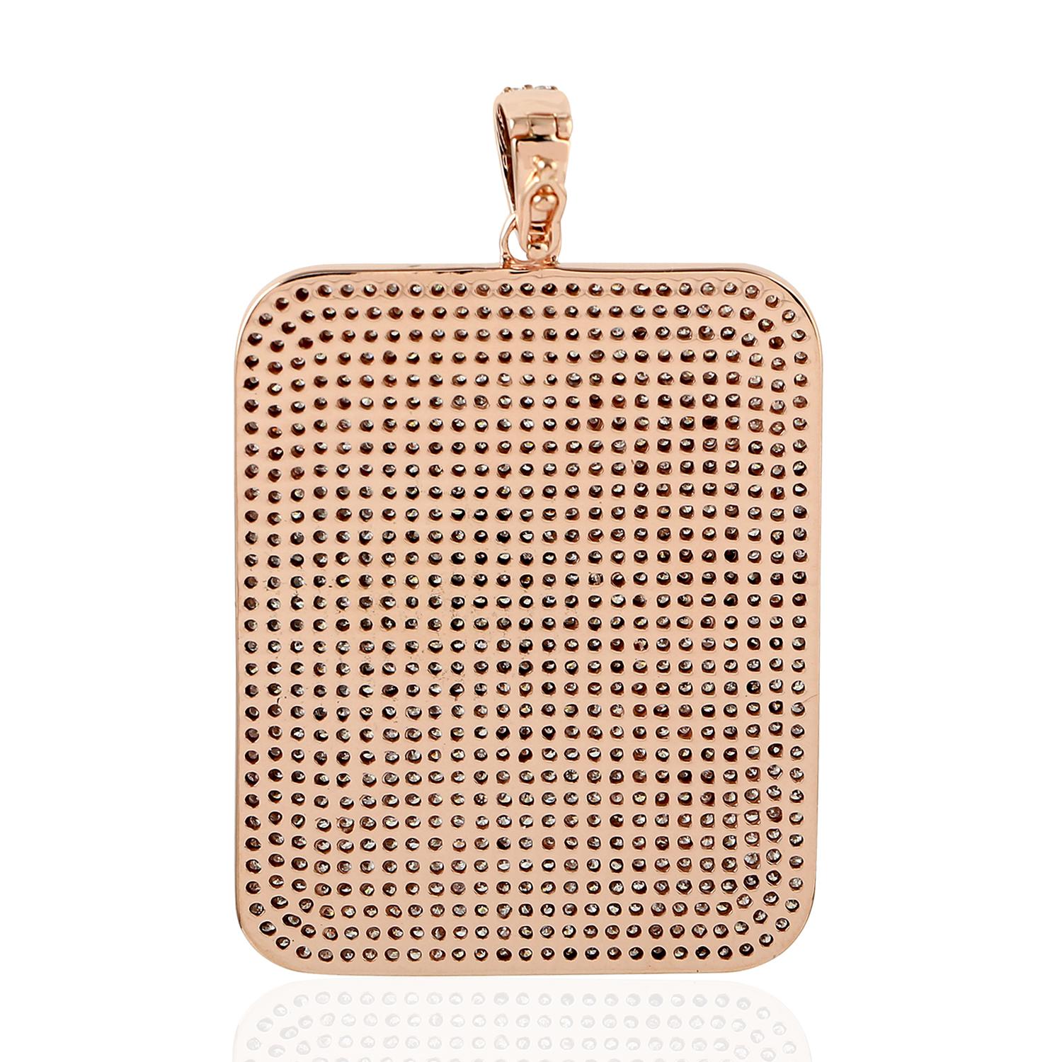 Art Deco Cushion Cut Rose Gold Pendant with Pave Diamonds Dog Tag in 14k Rose Gold For Sale