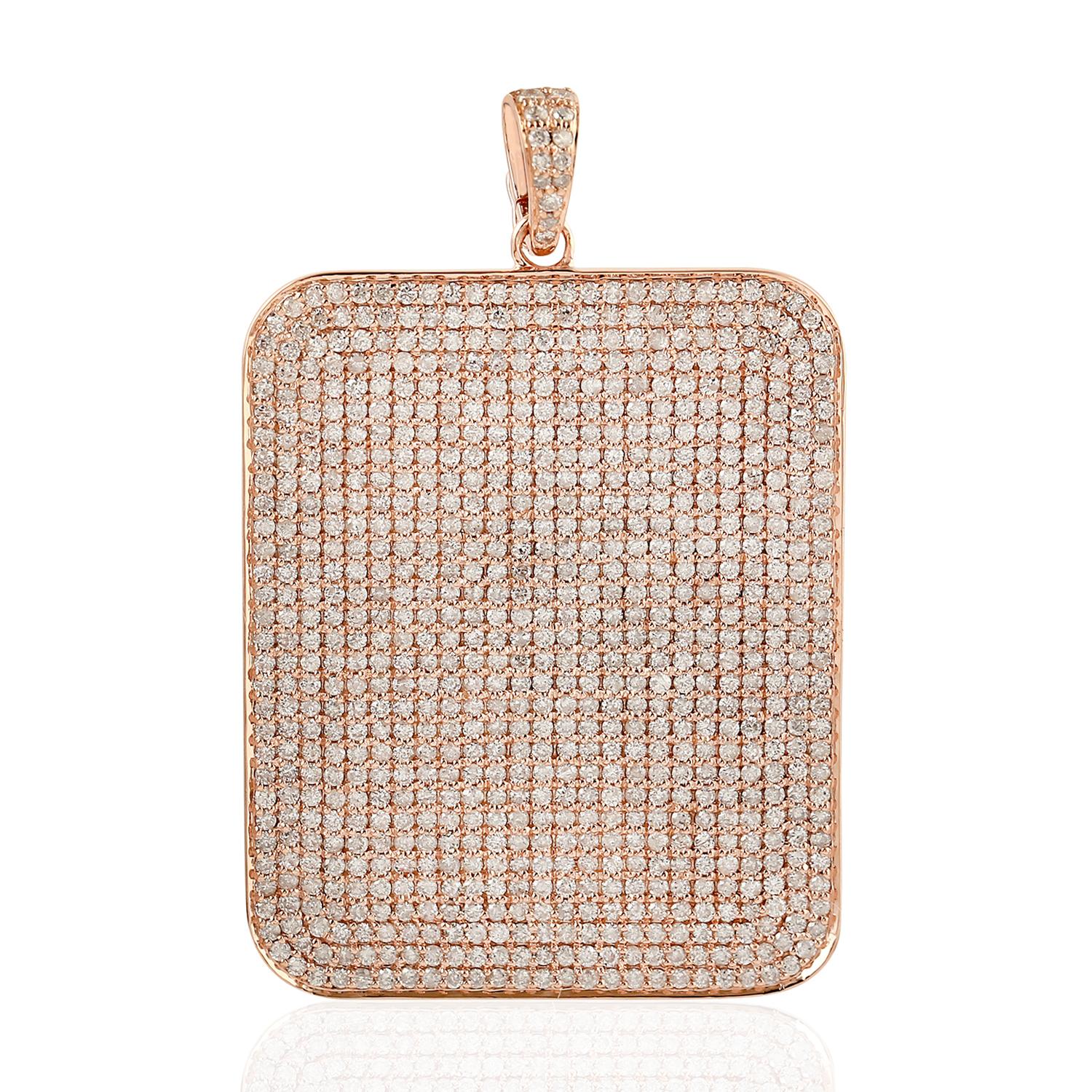 Cushion Cut Rose Gold Pendant with Pave Diamonds Dog Tag in 14k Rose Gold In New Condition For Sale In New York, NY