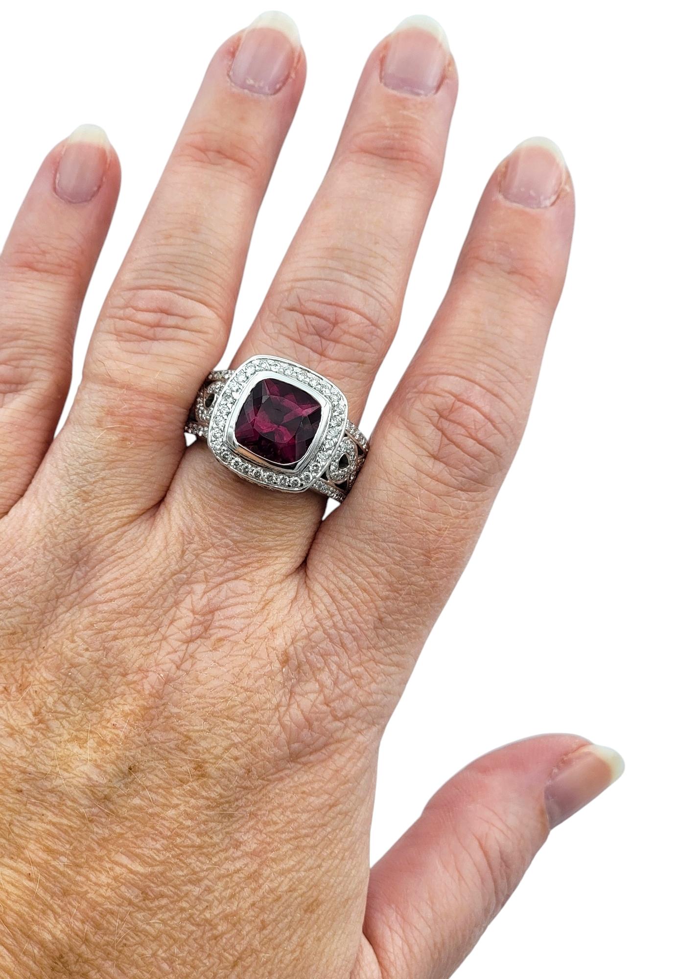 Cushion Cut Rubellite Tourmaline and Diamond Halo Cocktail Ring in 14 Karat Gold For Sale 5