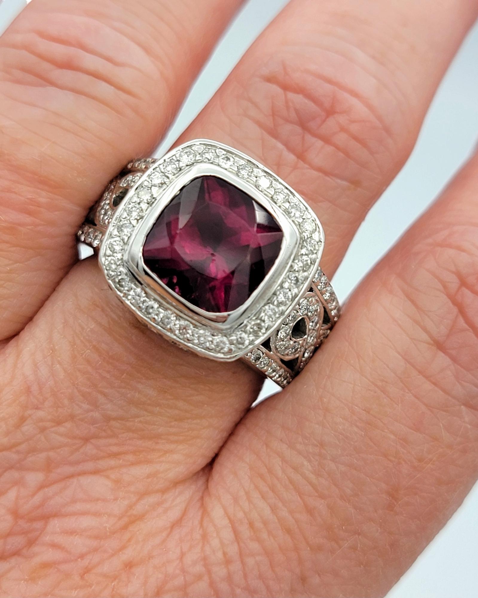 Cushion Cut Rubellite Tourmaline and Diamond Halo Cocktail Ring in 14 Karat Gold For Sale 6