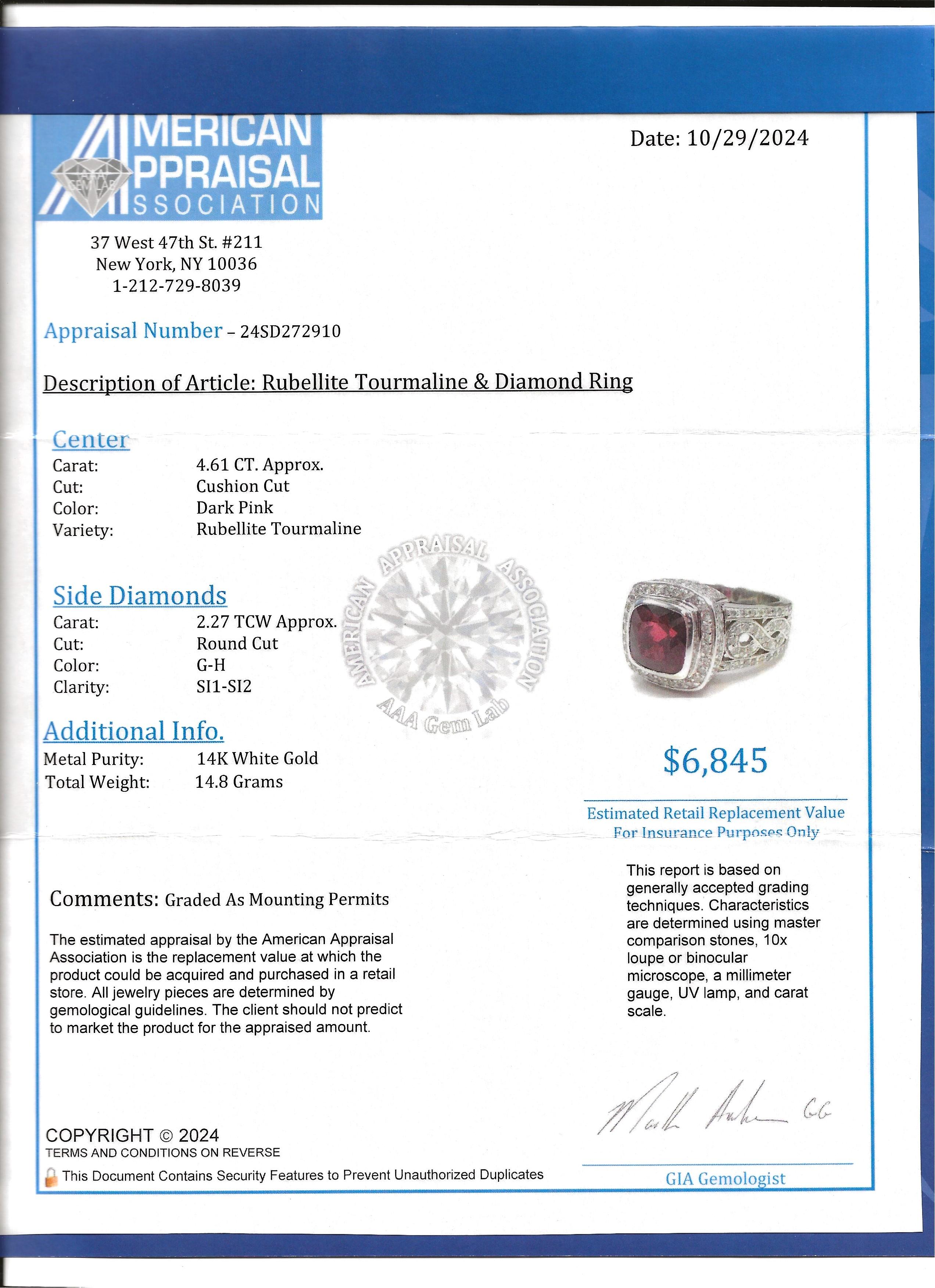 Cushion Cut Rubellite Tourmaline and Diamond Halo Cocktail Ring in 14 Karat Gold For Sale 7