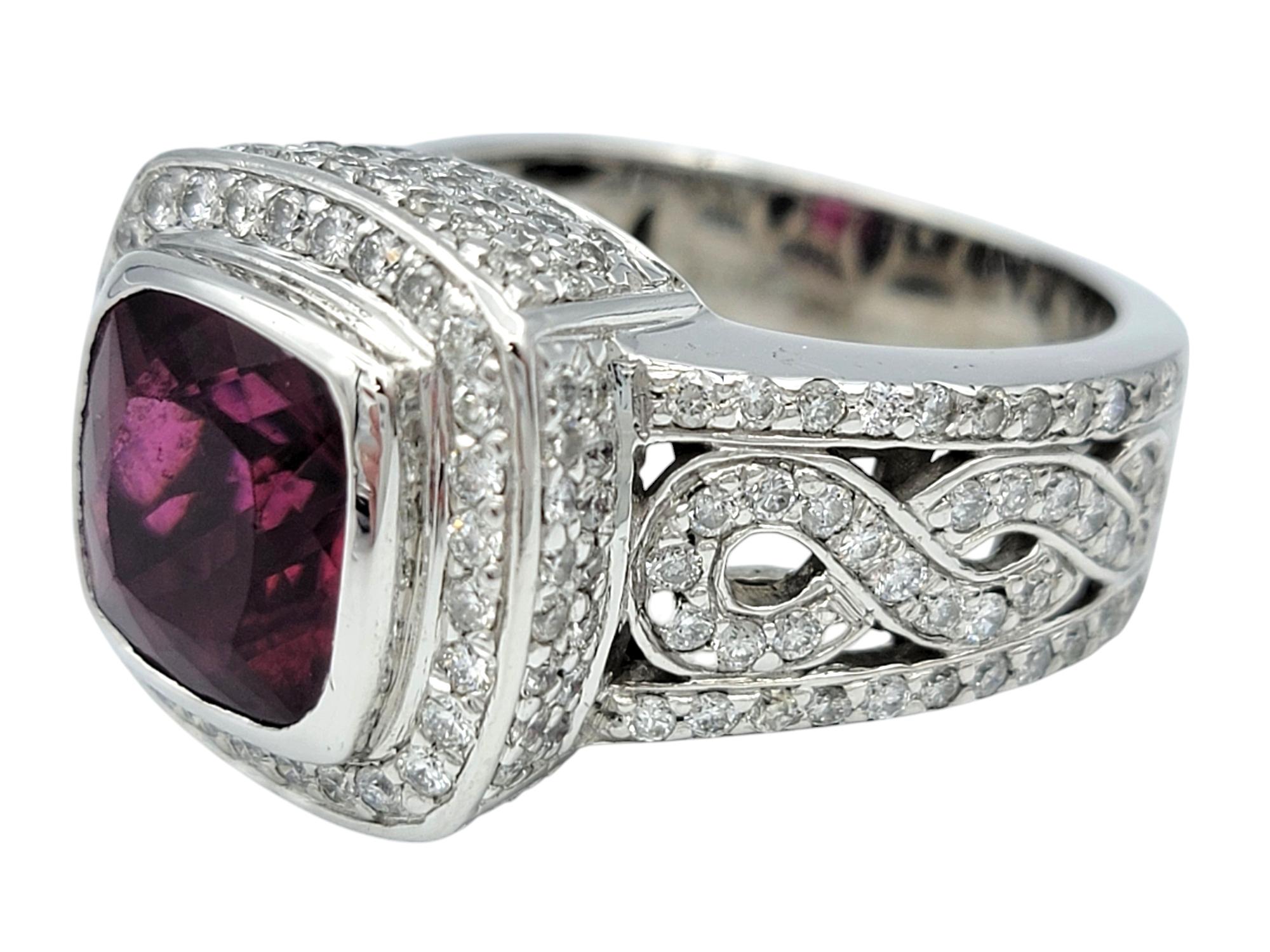 Cushion Cut Rubellite Tourmaline and Diamond Halo Cocktail Ring in 14 Karat Gold In Good Condition For Sale In Scottsdale, AZ