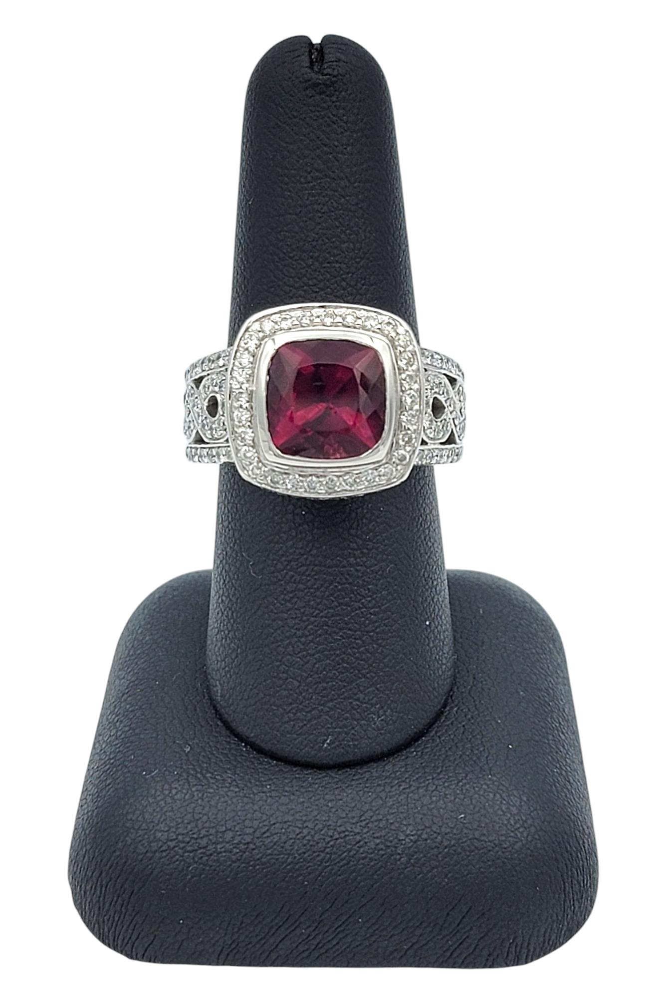 Cushion Cut Rubellite Tourmaline and Diamond Halo Cocktail Ring in 14 Karat Gold For Sale 3