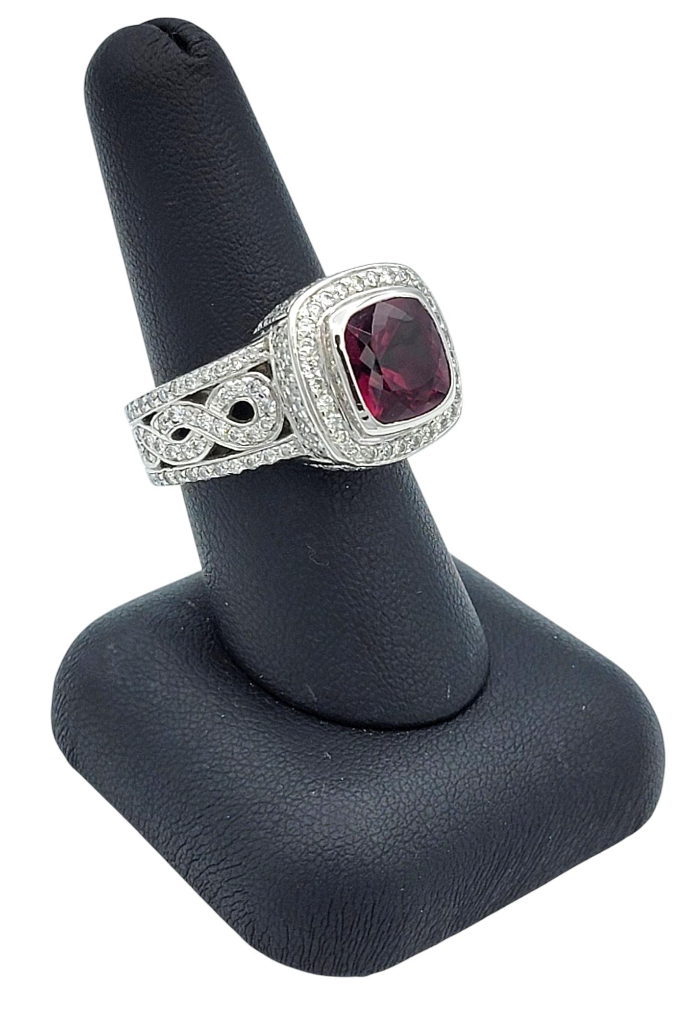 Cushion Cut Rubellite Tourmaline and Diamond Halo Cocktail Ring in 14 Karat Gold For Sale 4