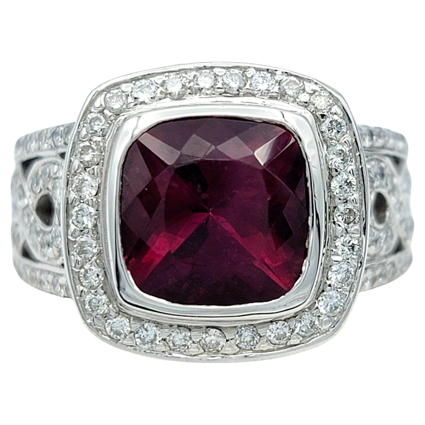 Cushion Cut Rubellite Tourmaline and Diamond Halo Cocktail Ring in 14 Karat Gold