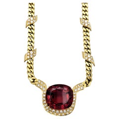 Cushion Cut Rubellite Tourmaline & Diamond Curb Chain Necklace 18K Yellow Gold