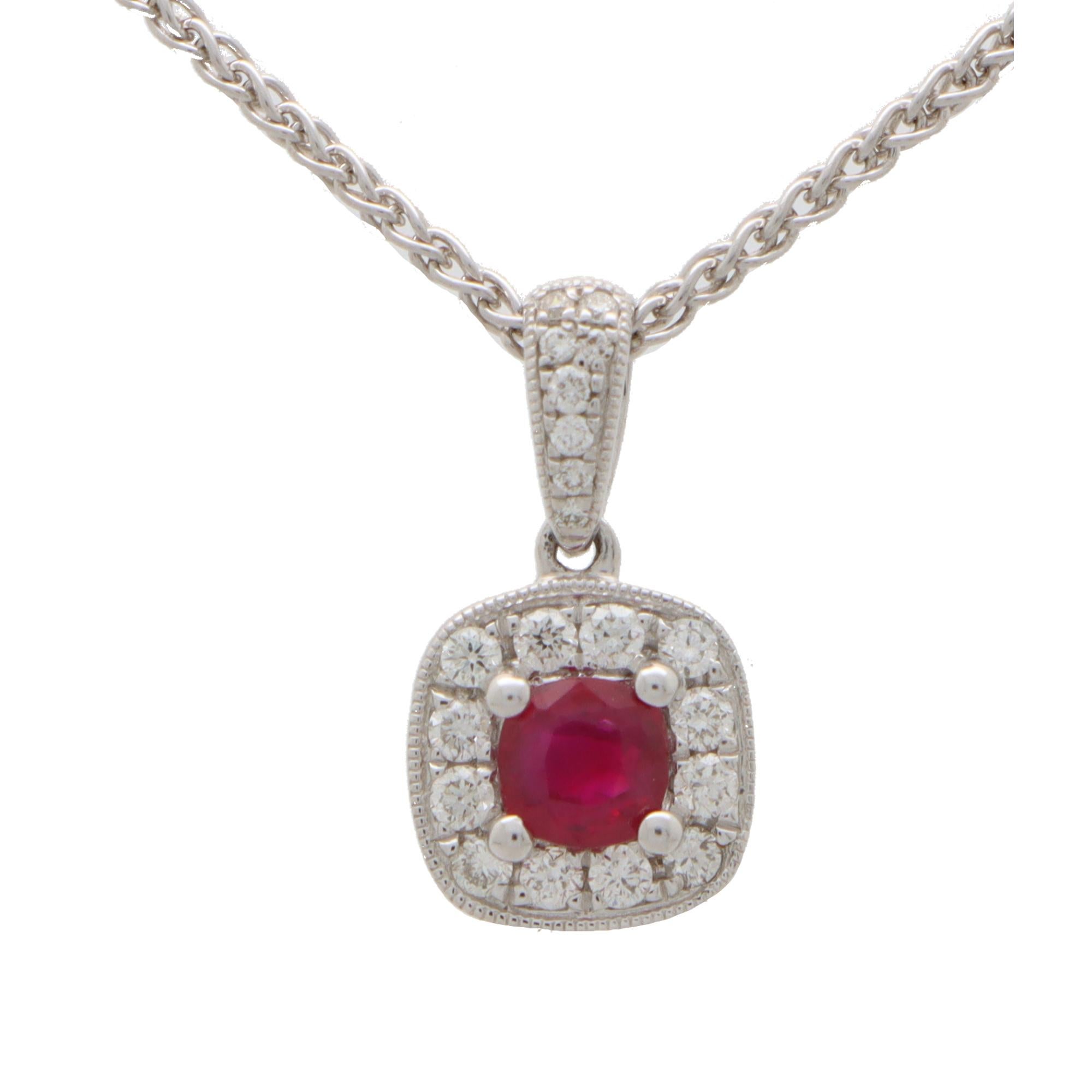 Modern Cushion Cut Ruby and Diamond Cluster Pendant Necklace in White Gold For Sale