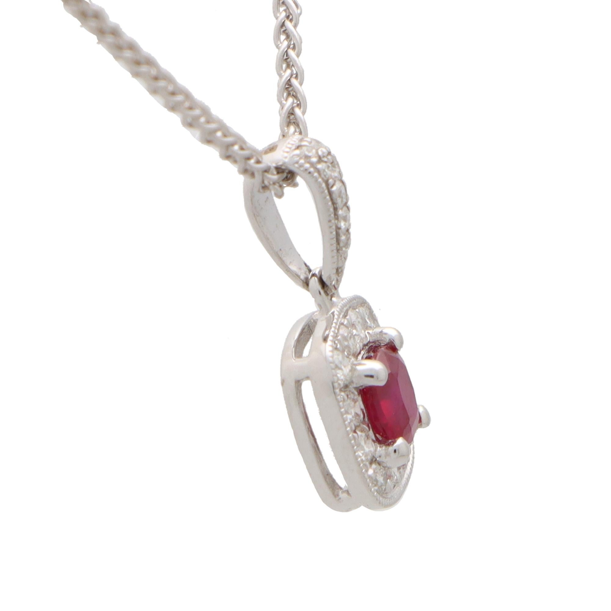 Cushion Cut Ruby and Diamond Cluster Pendant Necklace in White Gold In Excellent Condition For Sale In London, GB