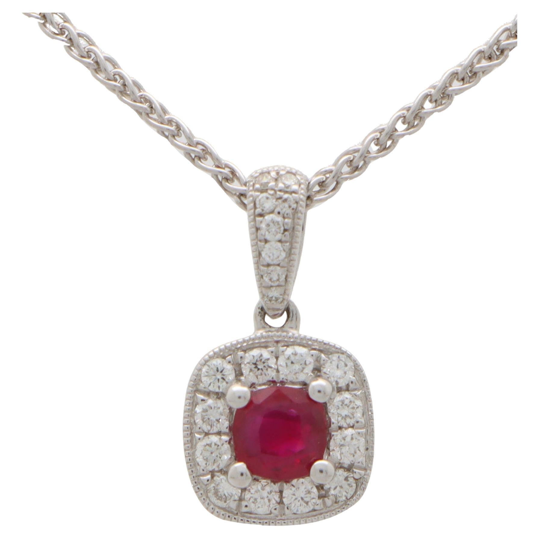 Cushion Cut Ruby and Diamond Cluster Pendant Necklace in White Gold For Sale